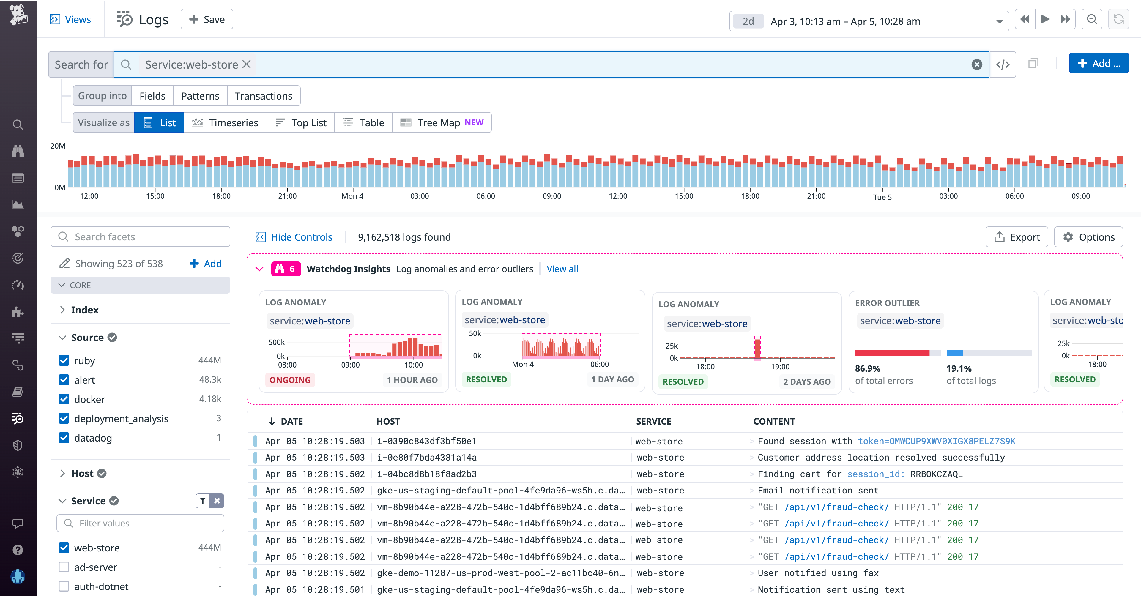 View the Log Anomaly carousel in the log explorer