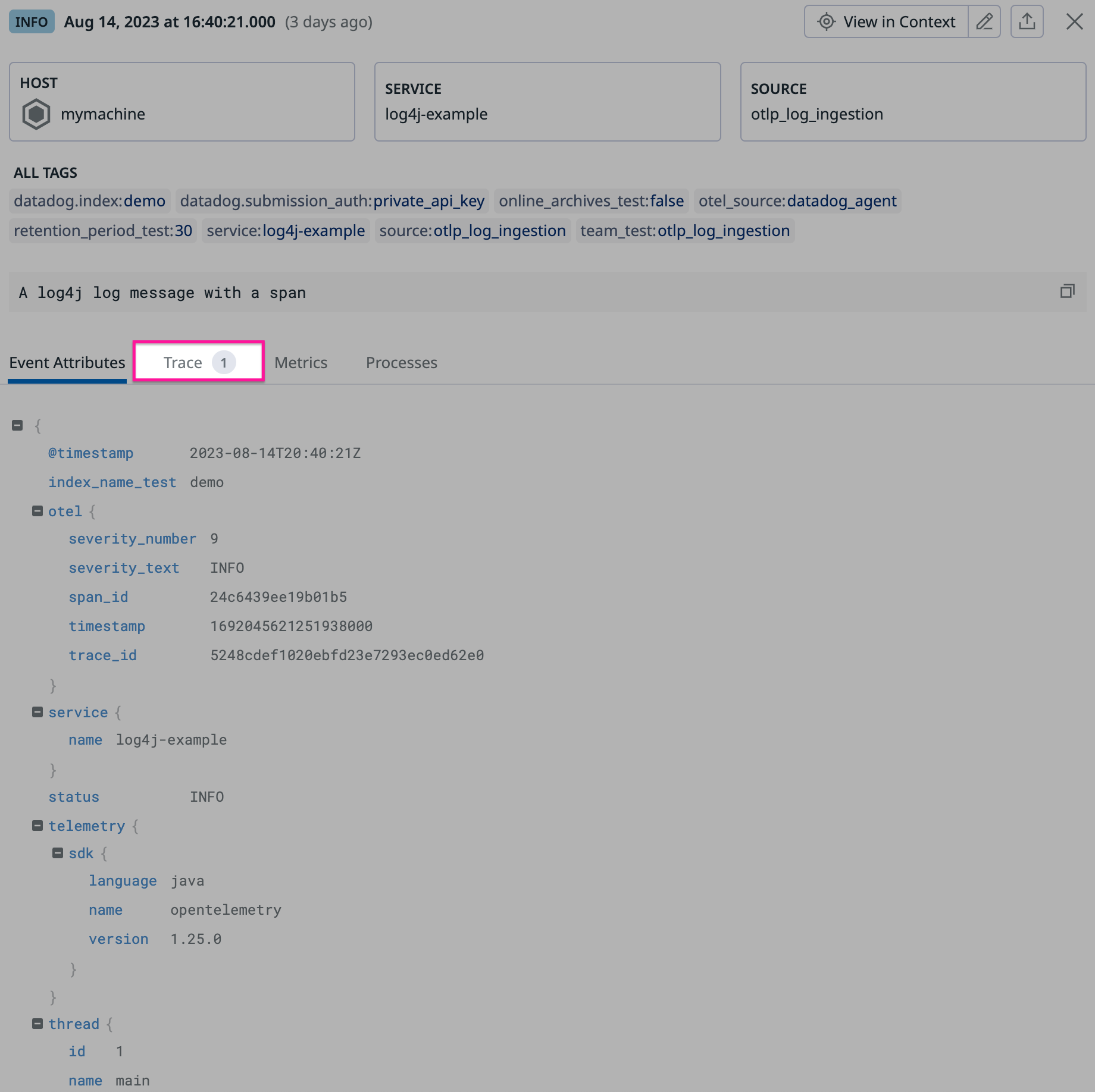 trace correlated in otel log
