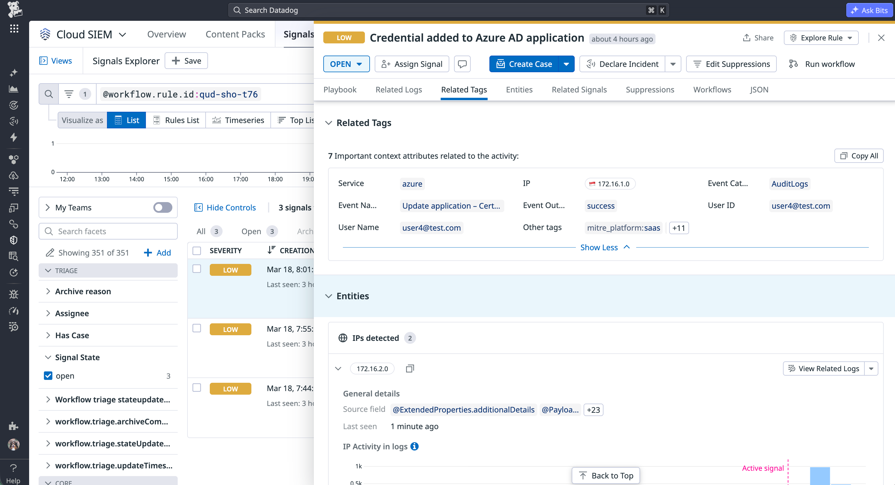 Cloud SIEM signal showing that a credential was added to a rarely used Azure AD application