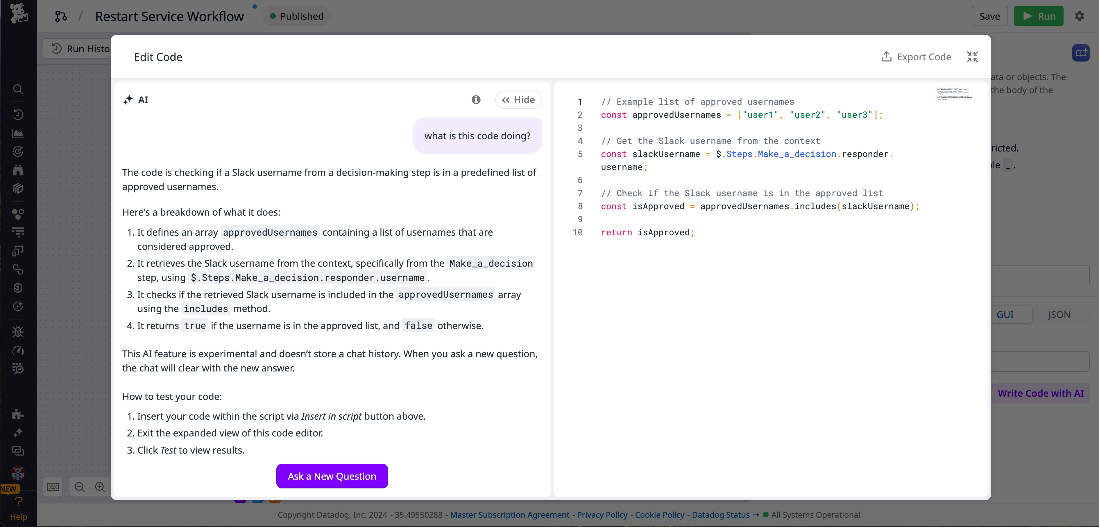 Using the AI assistant to explain JS code.