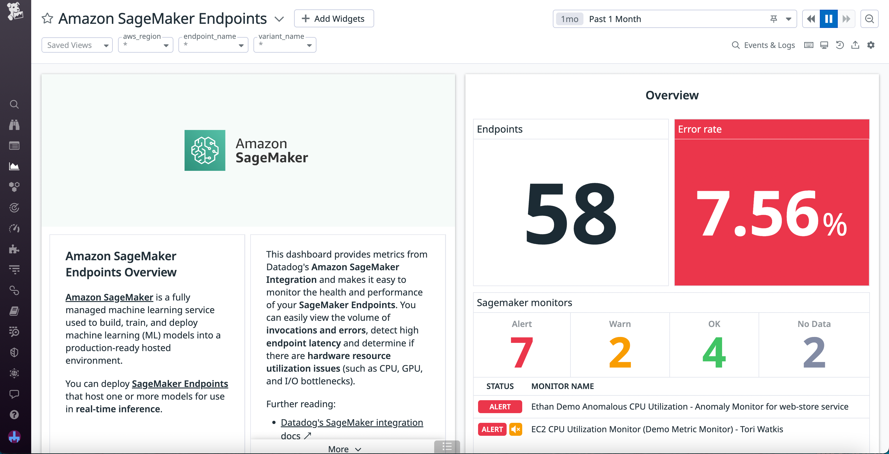 The SageMaker dashboards help you quickly determine the status of your endpoints and jobs, alongside a wealth of OOTB monitors.