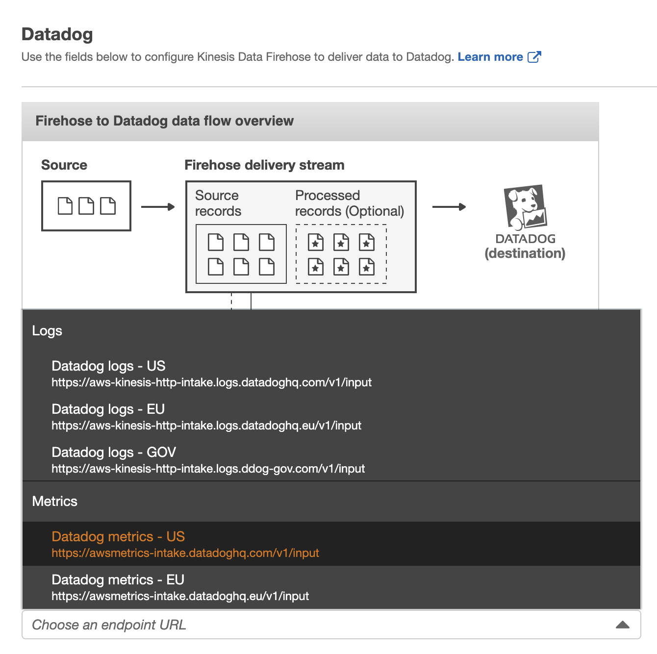 Kinesis Data Firehose のコンフィギュレーションページ