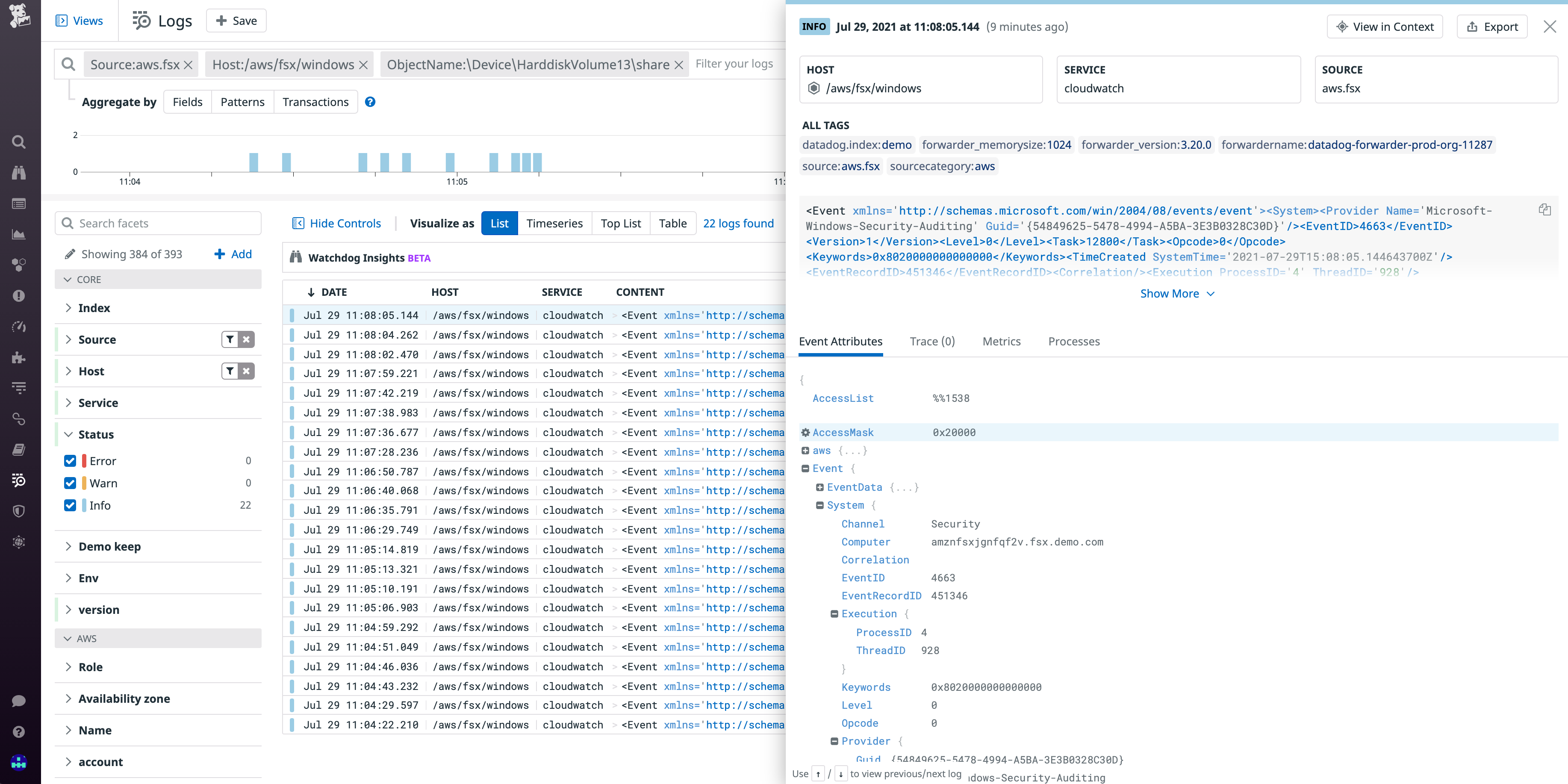 Datadog parses AWS FSx logs