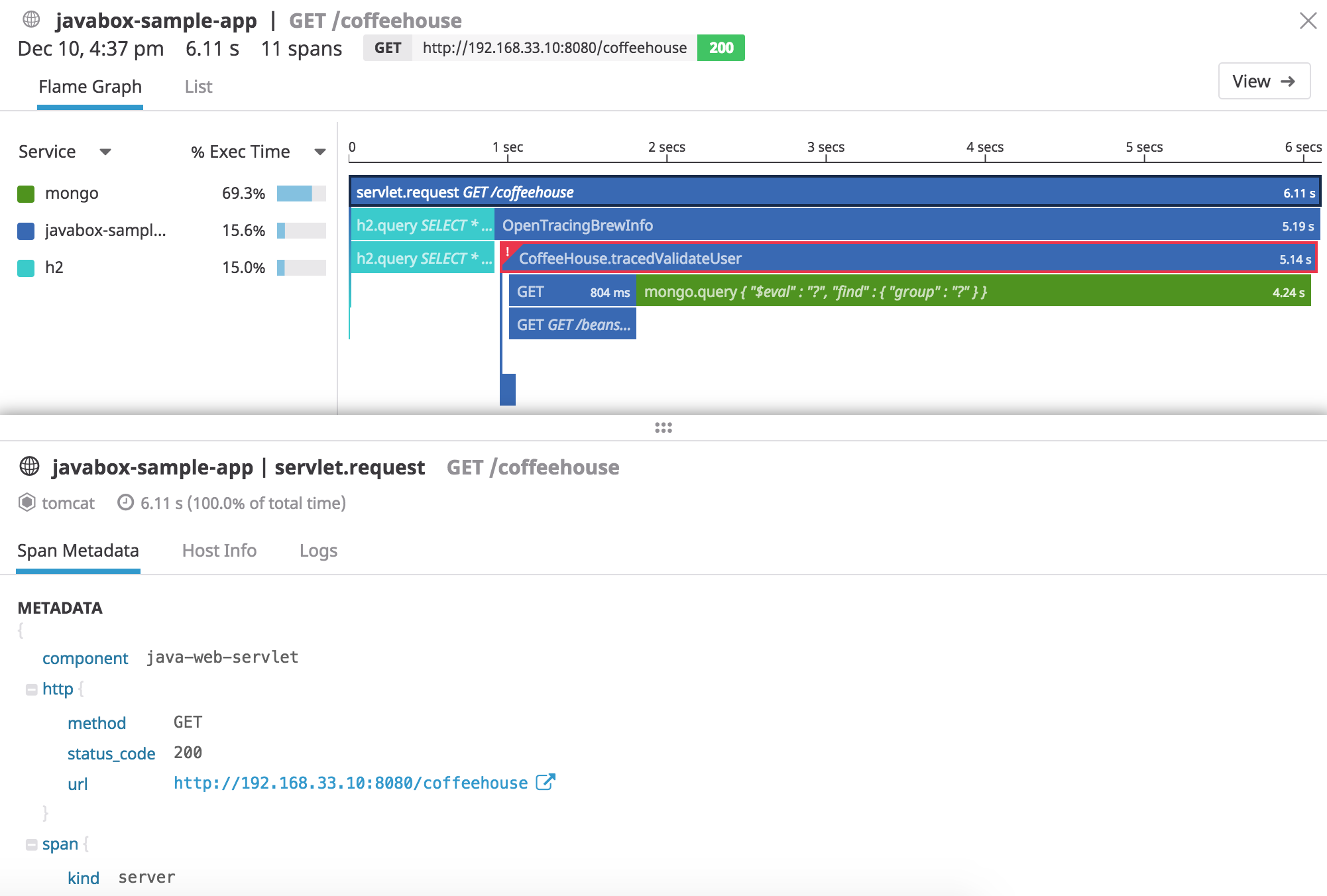 Example of a trace for a Java application