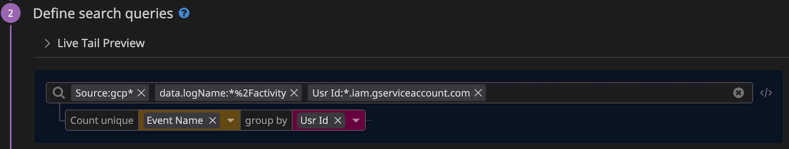 An anomaly detection rule that looks for an unusual number of API calls from a GCP service account.