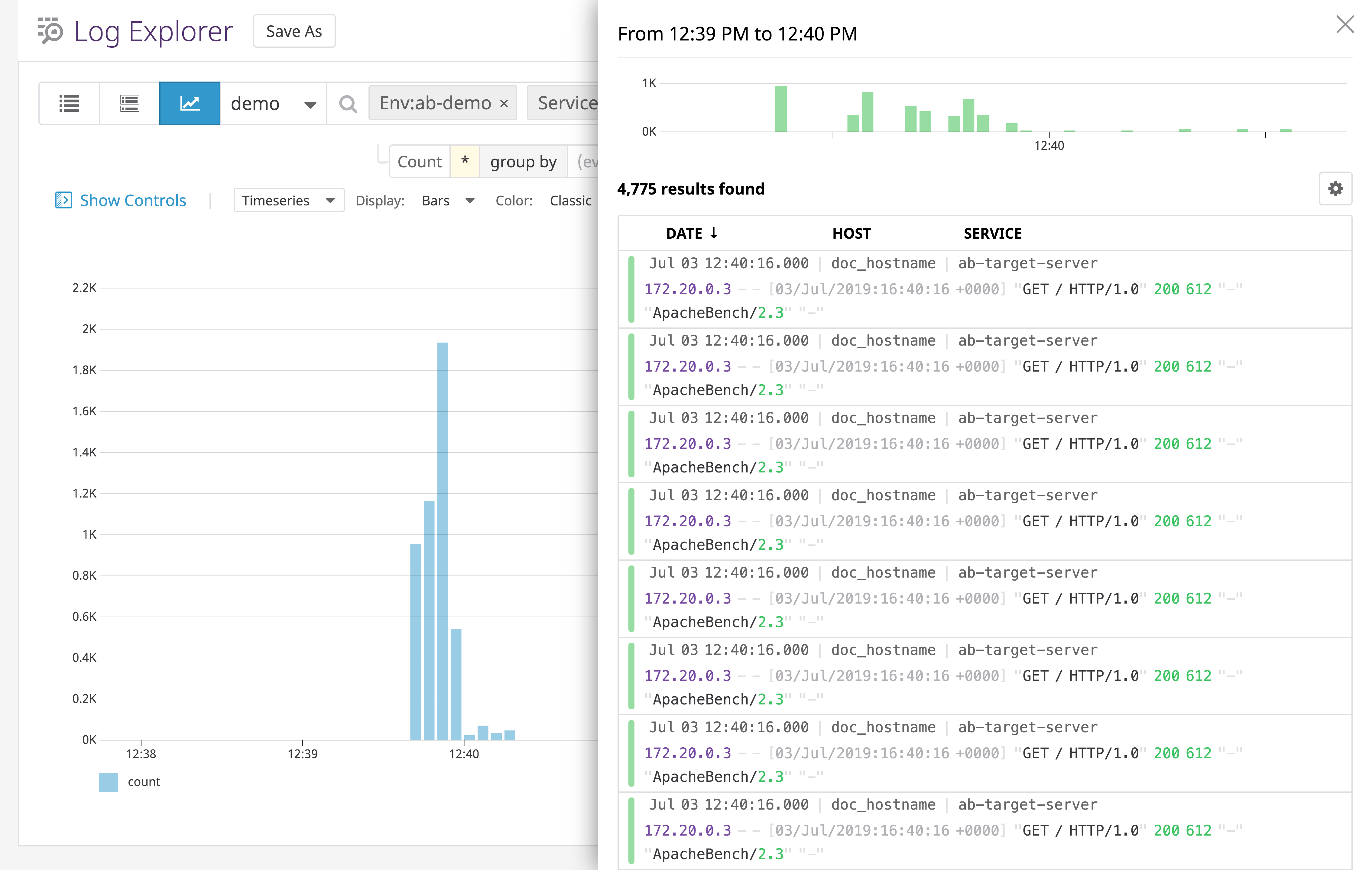 Web server access logs in Datadog showing requests from ApacheBench.