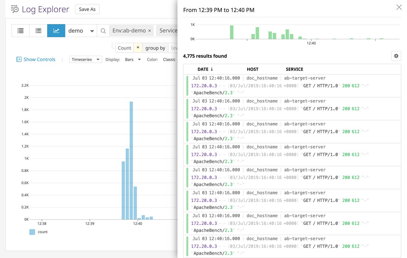 Web server access logs in Datadog showing requests from ApacheBench. Web server access logs in Datadog showing requests from ApacheBench.