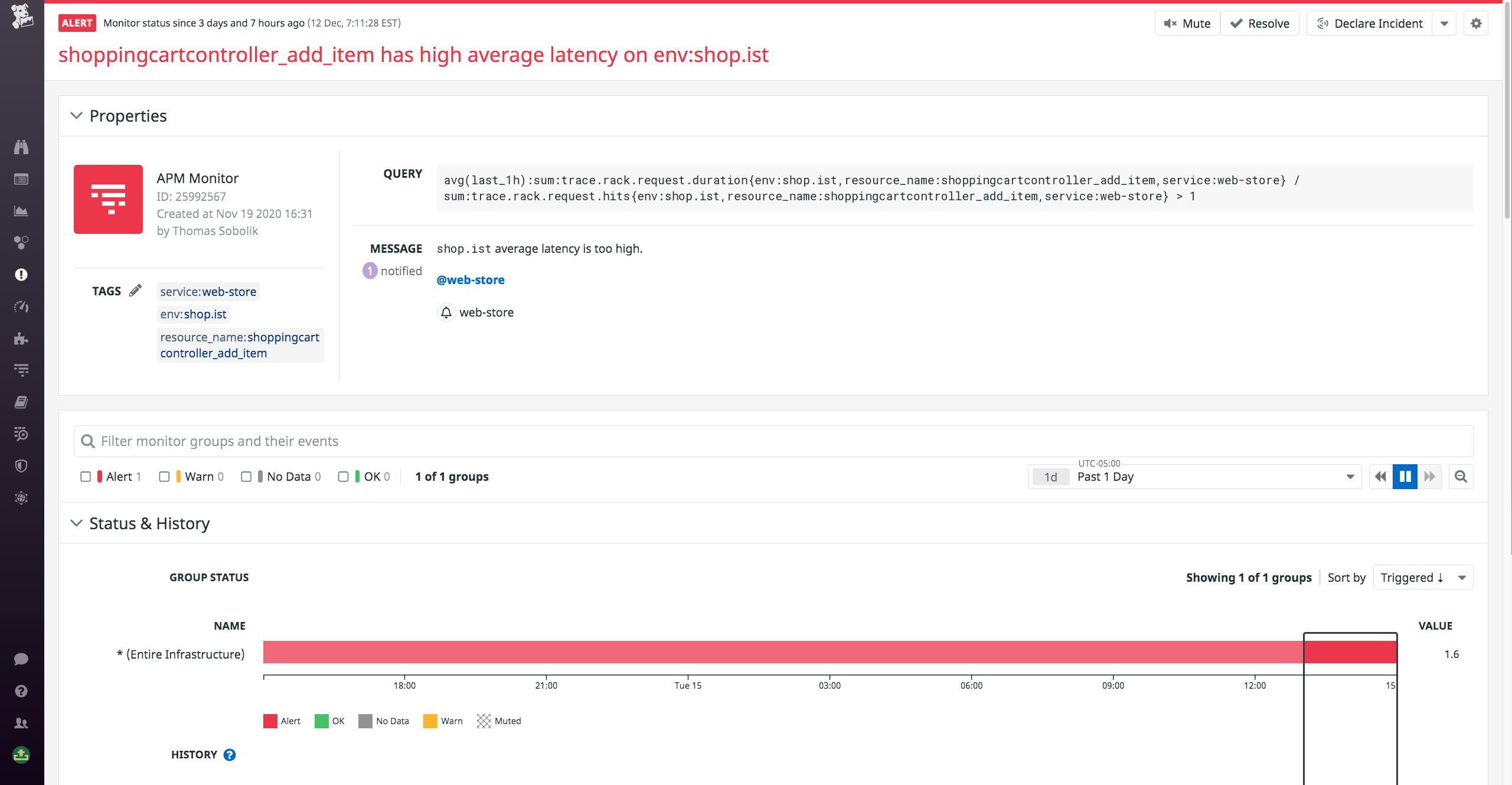 A triggered APM alert indicates high latency on an endpoint in one of our app's services.