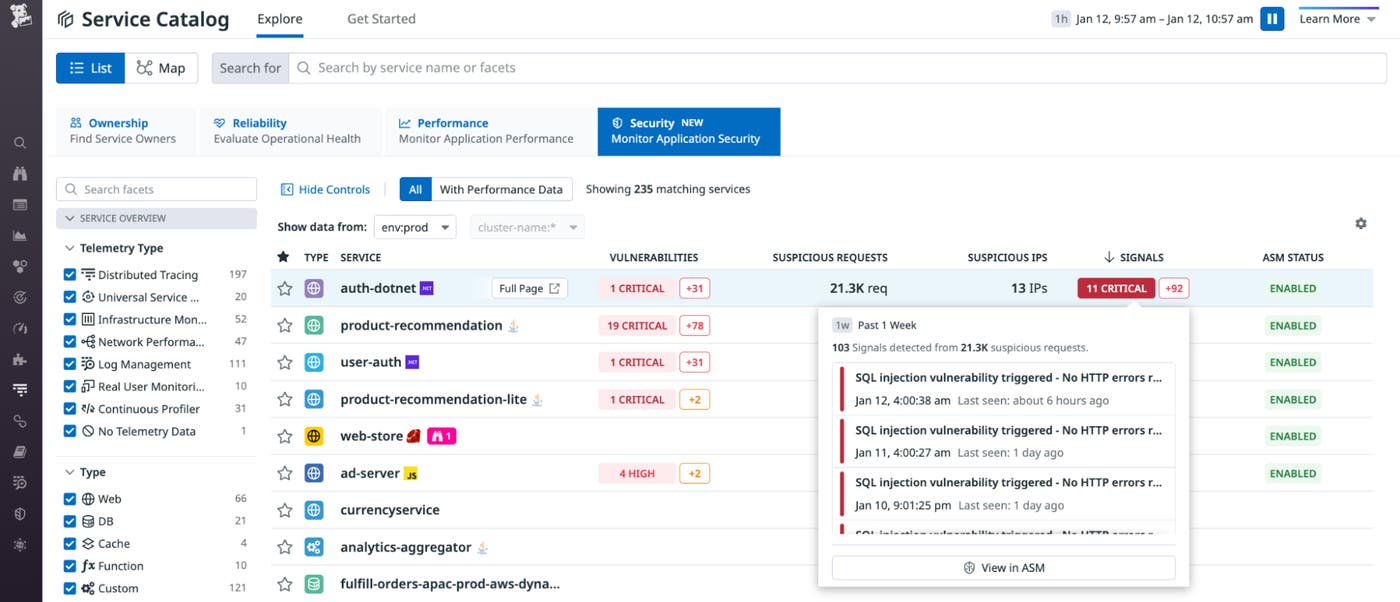 A screenshot shows a list of services in the APM Security View, sorted by the number of security signals associated with each service. A screenshot shows a list of services in the APM Security View, sorted by the number of security signals associated with each service.