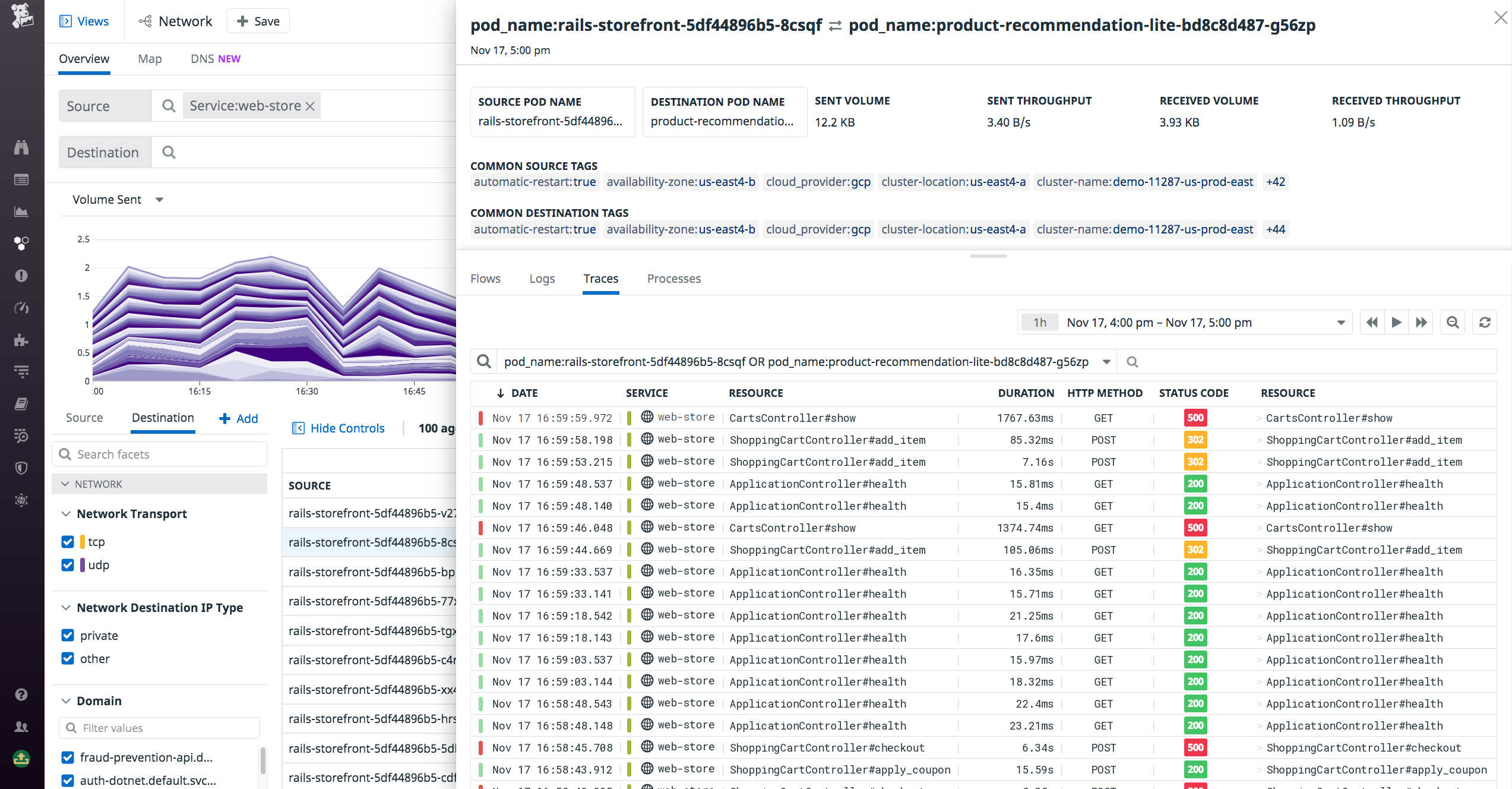 We can jump from the network page to a list of relevant traces for a given network path.