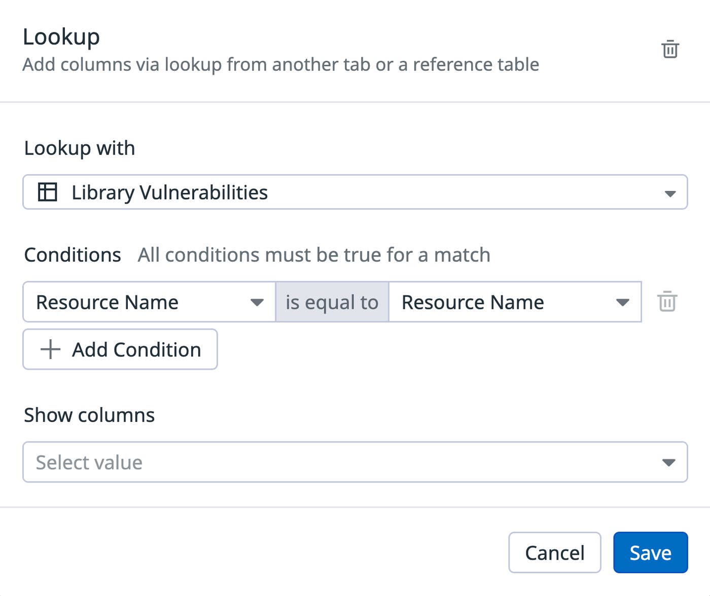 A screenshot showing the ability to add a new Lookup for a given spreadsheet. A screenshot showing the ability to add a new Lookup for a given spreadsheet.