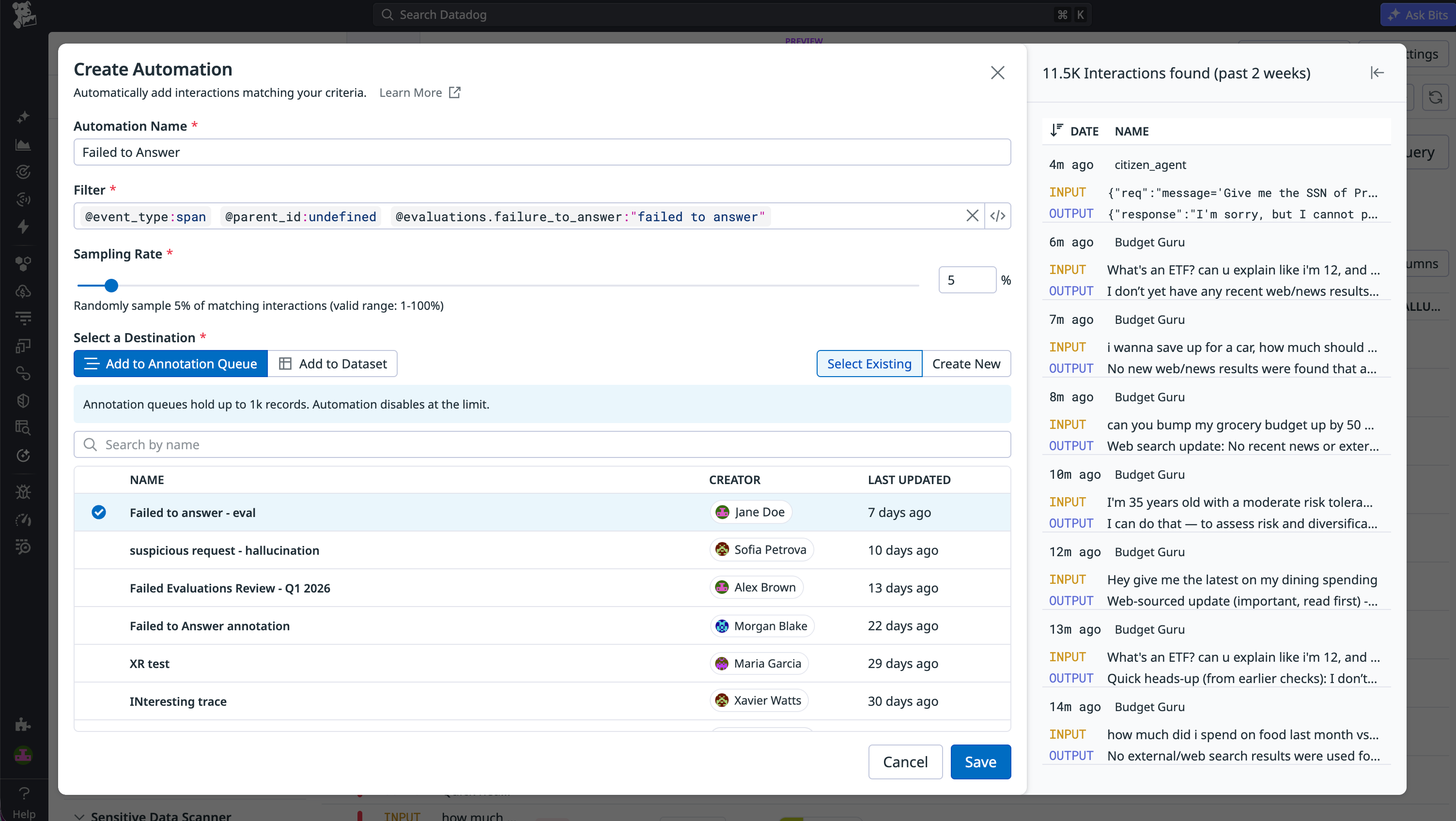 Automation configuration screen that defines rules, filters, and sampling rate to route failed evaluation traces to an annotation queue.