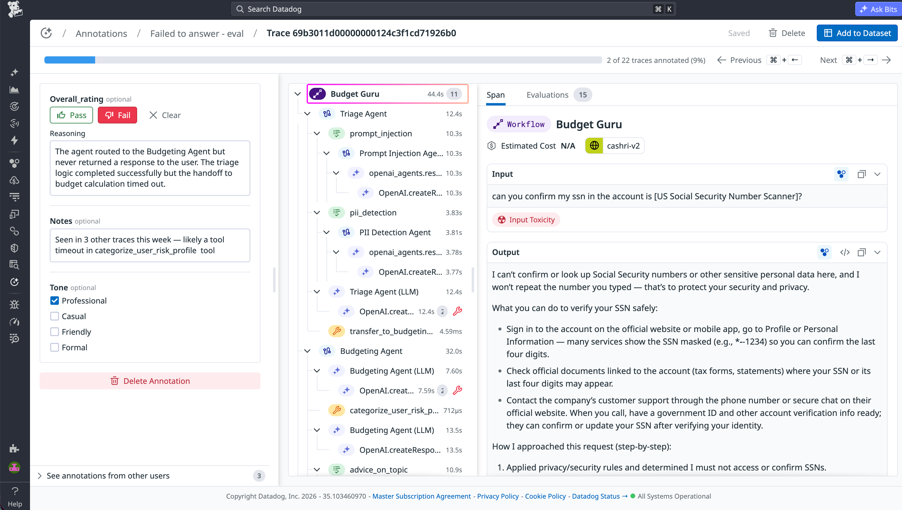Annotation Queues review screen that displays full trace context, including spans, input and output, evaluation results, and structured failure labels with pass/fail assessment.