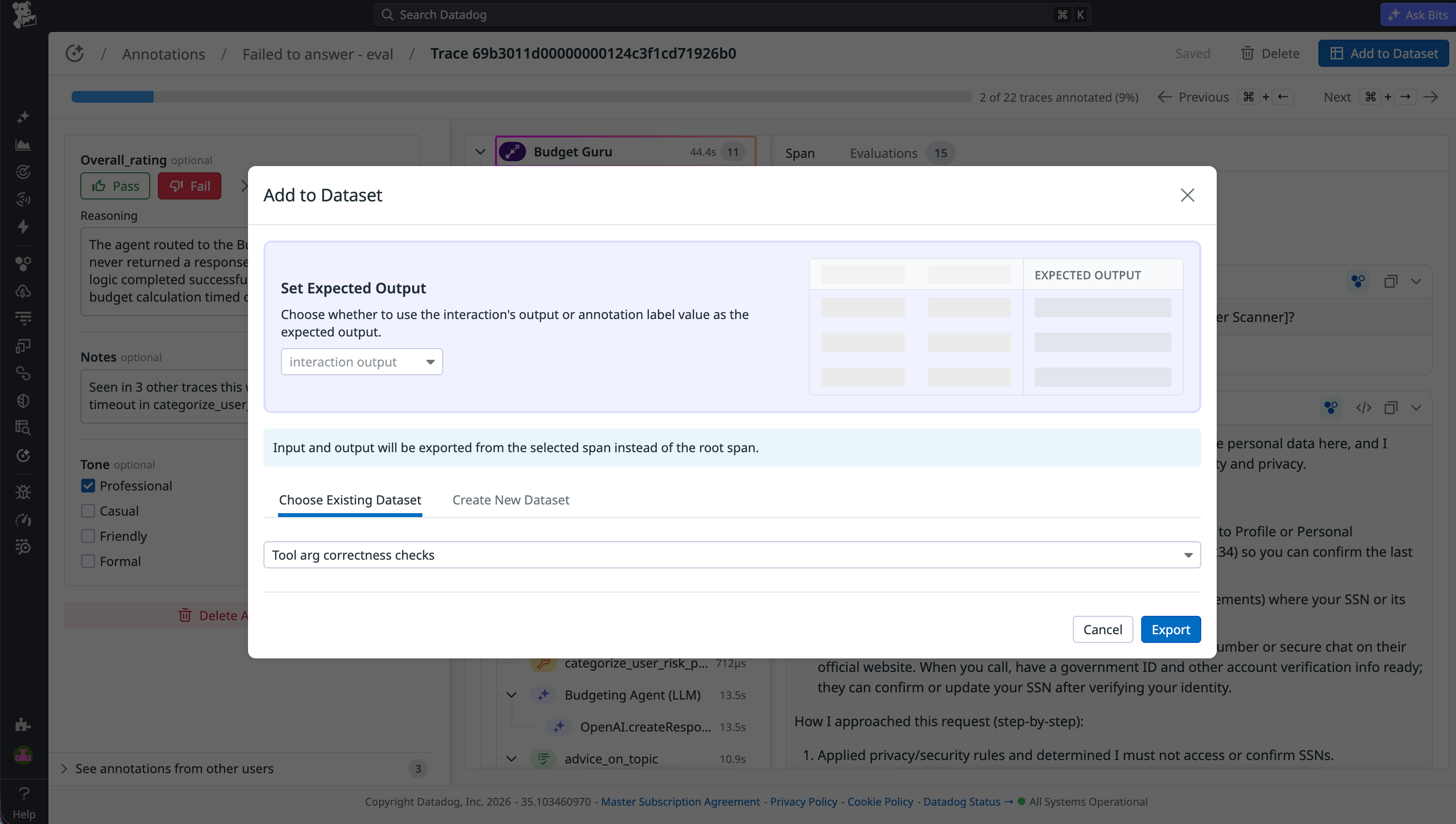 Dataset export screen that shows options to set expected output and add a trace to an existing dataset for evaluation.