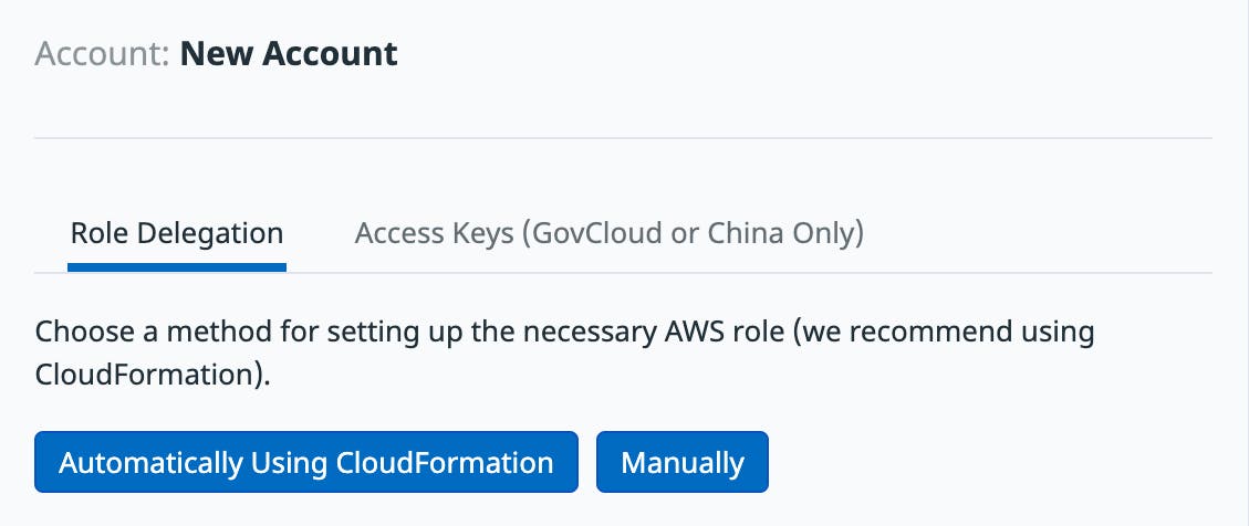 Datadog's New Account form. To proceed with AWS 1-click integration from here, click Automatically Using CloudFormation. Datadog's New Account form. To proceed with AWS 1-click integration from here, click Automatically Using CloudFormation.