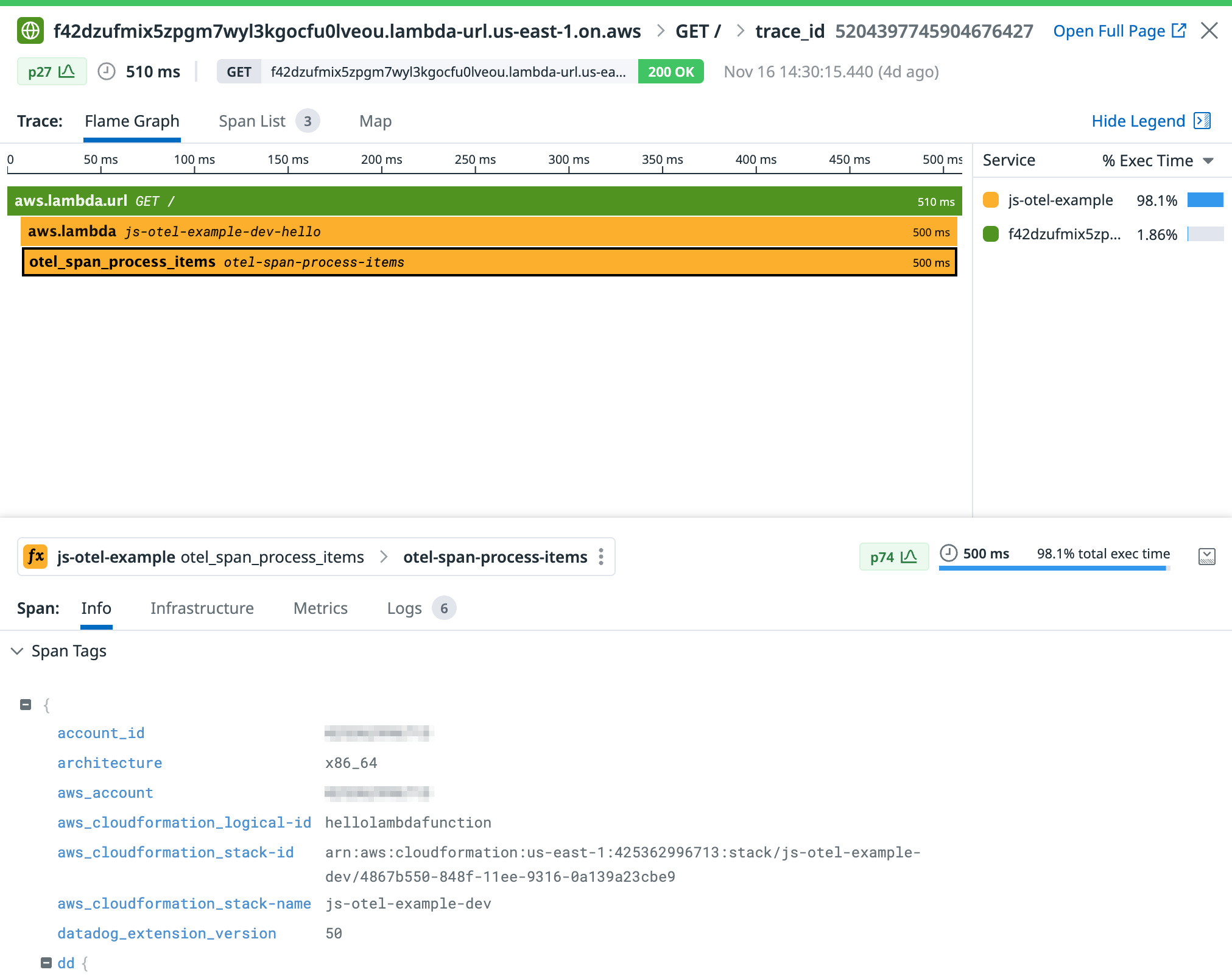 Datadog visualizes custom spans from your OTel instrumentation without requiring any code changes.
