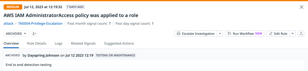 Continuous validation of AWS IAM policy was applied to a role detection rule