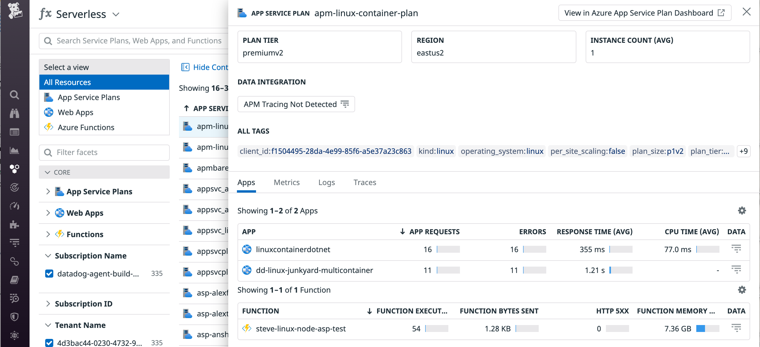 From Datadog's Serverless view, you can click on an Azure App Service plan to see all the apps being hosted on it.