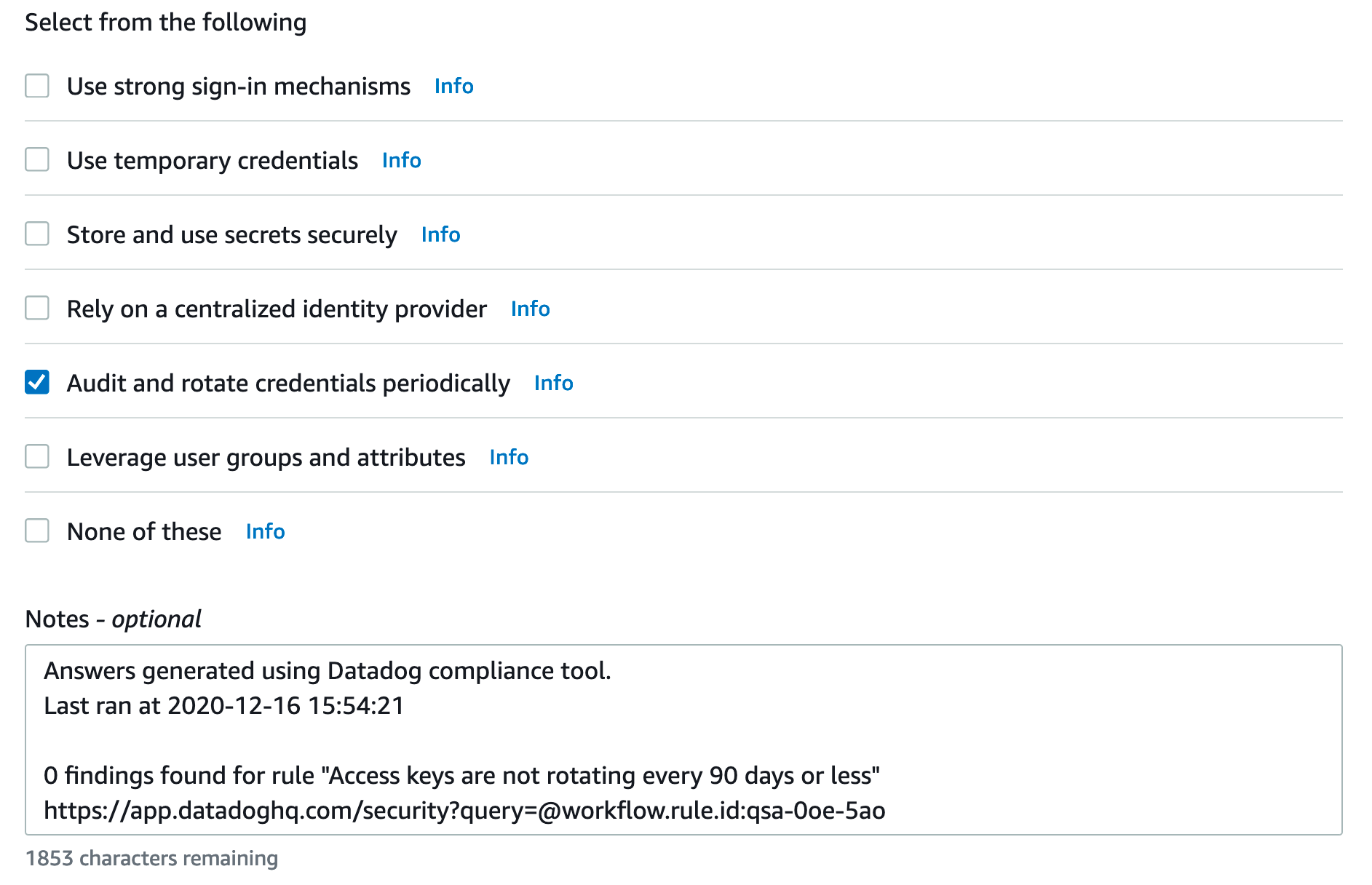 Datadog's integration returns the compliance findings within the Well-Architected security pillar UI.