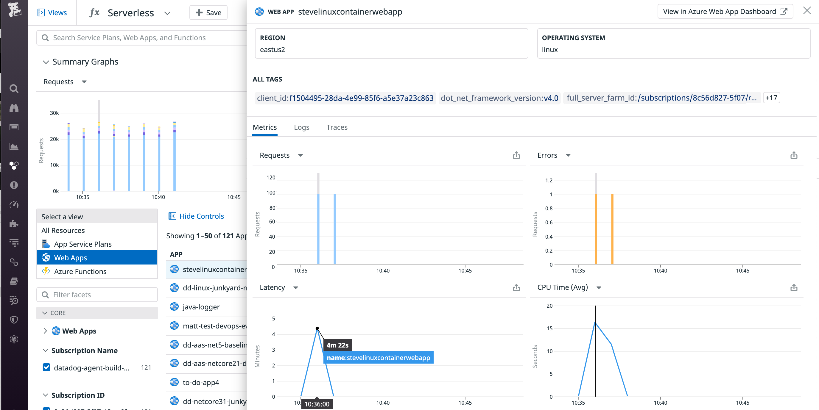 You can click to inspect app-level metrics from an Azure App Service web app in the Datadog Serverless view.