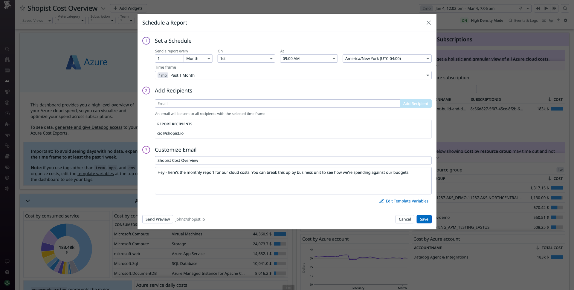 A screenshot shows the form used to schedule a report. The form includes controls to specify when and how often the report should be sent, who should receive it, and the text of the email.