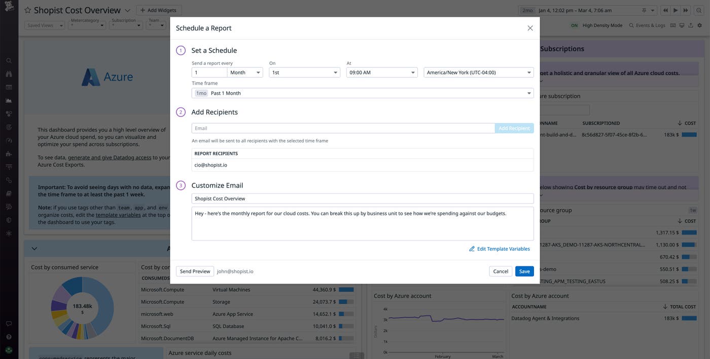 A screenshot shows the form used to schedule a report. The form includes controls to specify when and how often the report should be sent, who should receive it, and the text of the email. A screenshot shows the form used to schedule a report. The form includes controls to specify when and how often the report should be sent, who should receive it, and the text of the email.