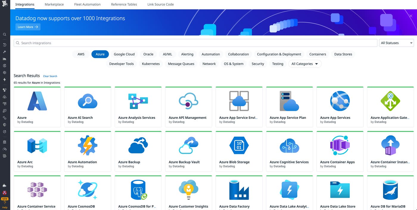 Screenshot of the Azure integration tile in Datadog. Screenshot of the Azure integration tile in Datadog.
