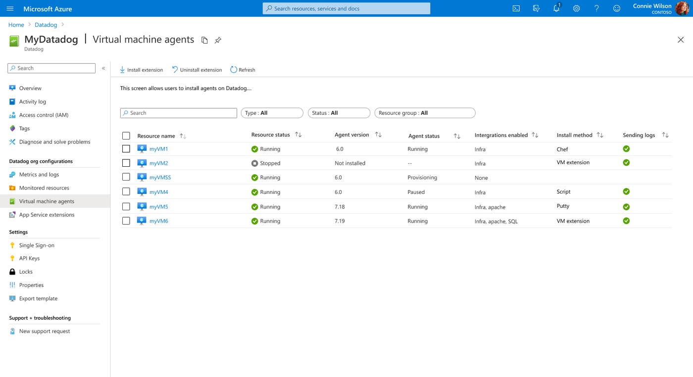 Get a quick overview of the Datadog Agents running on your Azure VMs, and install/uninstall on desired hosts through the Azure portal UI. Get a quick overview of the Datadog Agents running on your Azure VMs, and install/uninstall on desired hosts through the Azure portal UI.