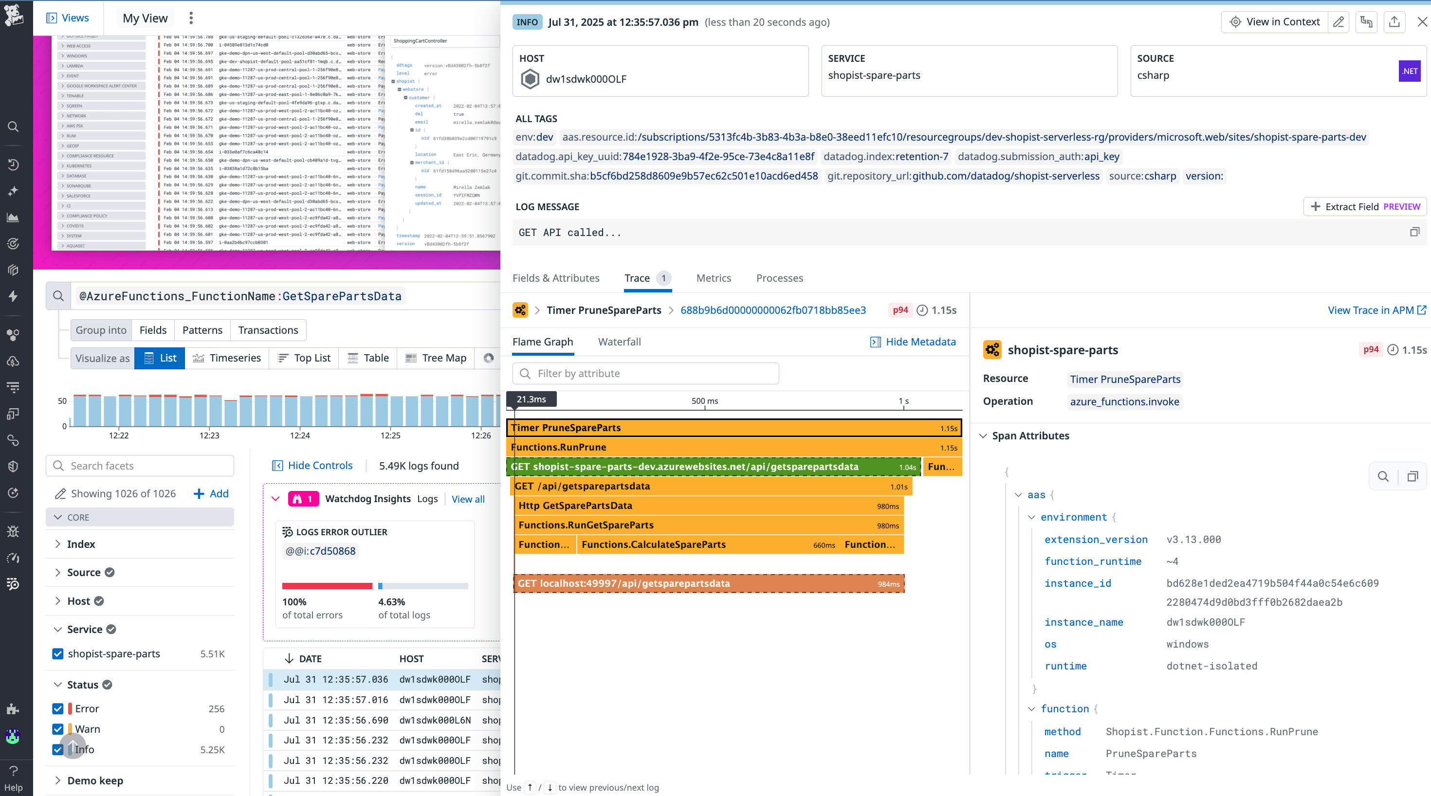 Screenshot of Azure logs