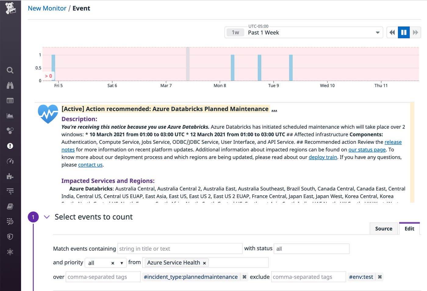 Set up an event monitor in Datadog to alert on Azure Service Health events and stay informed about planned maintenance sessions. Set up an event monitor in Datadog to alert on Azure Service Health events and stay informed about planned maintenance sessions.