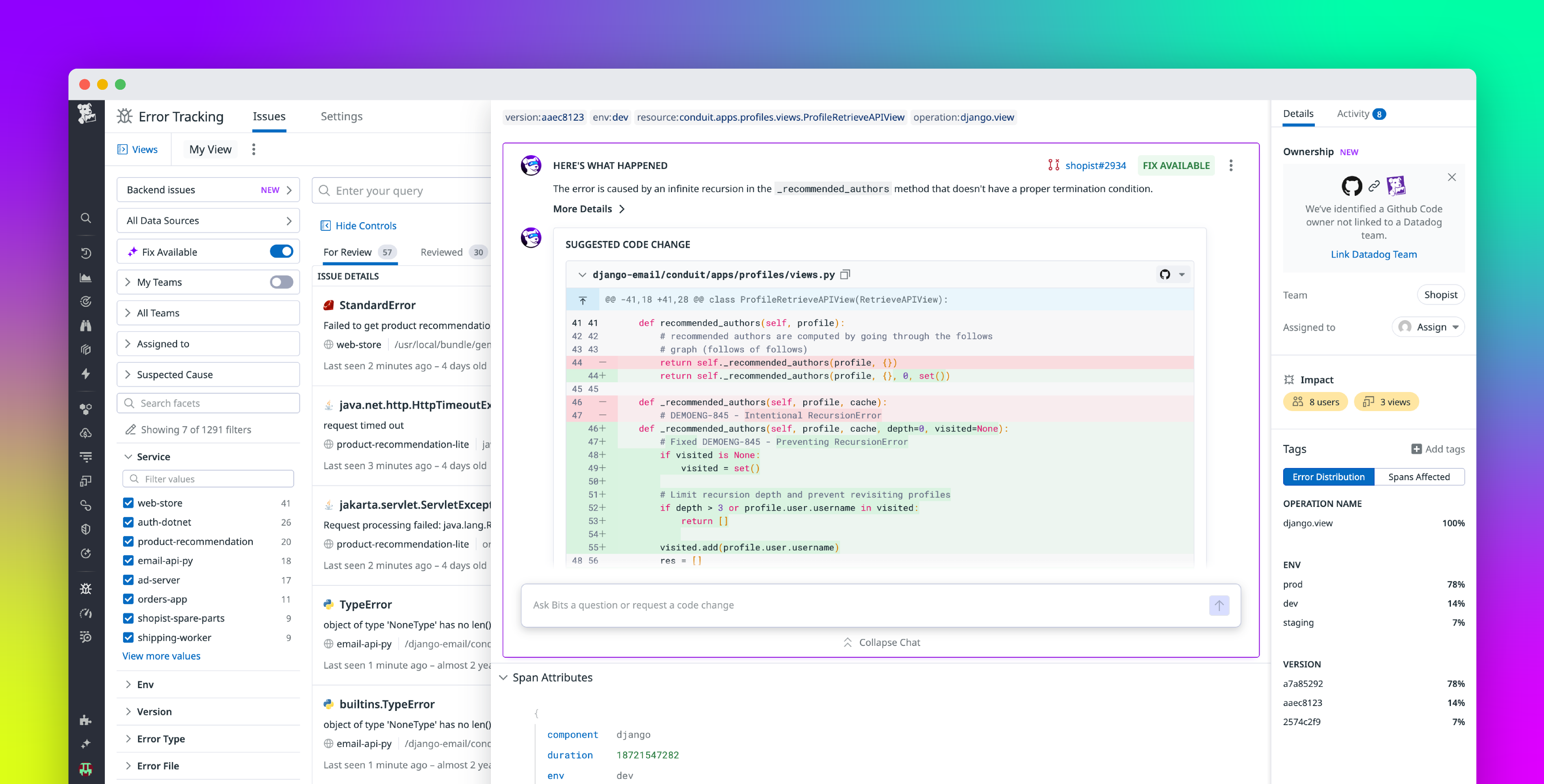 Automatically identify issues and generate fixes with Bits AI Dev