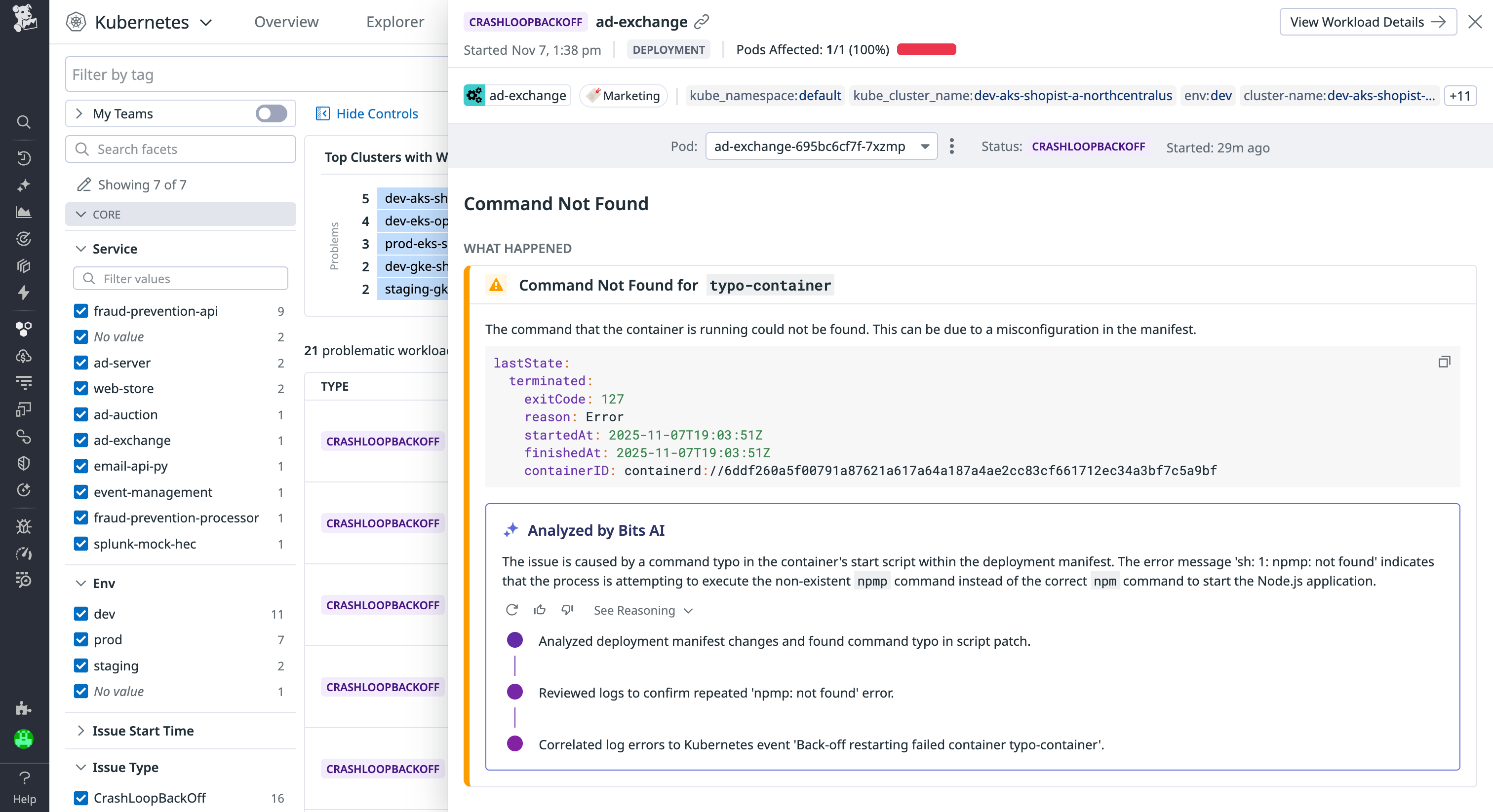Screenshot of Bits AI analysis that explains that a command could not be found because of a typo.