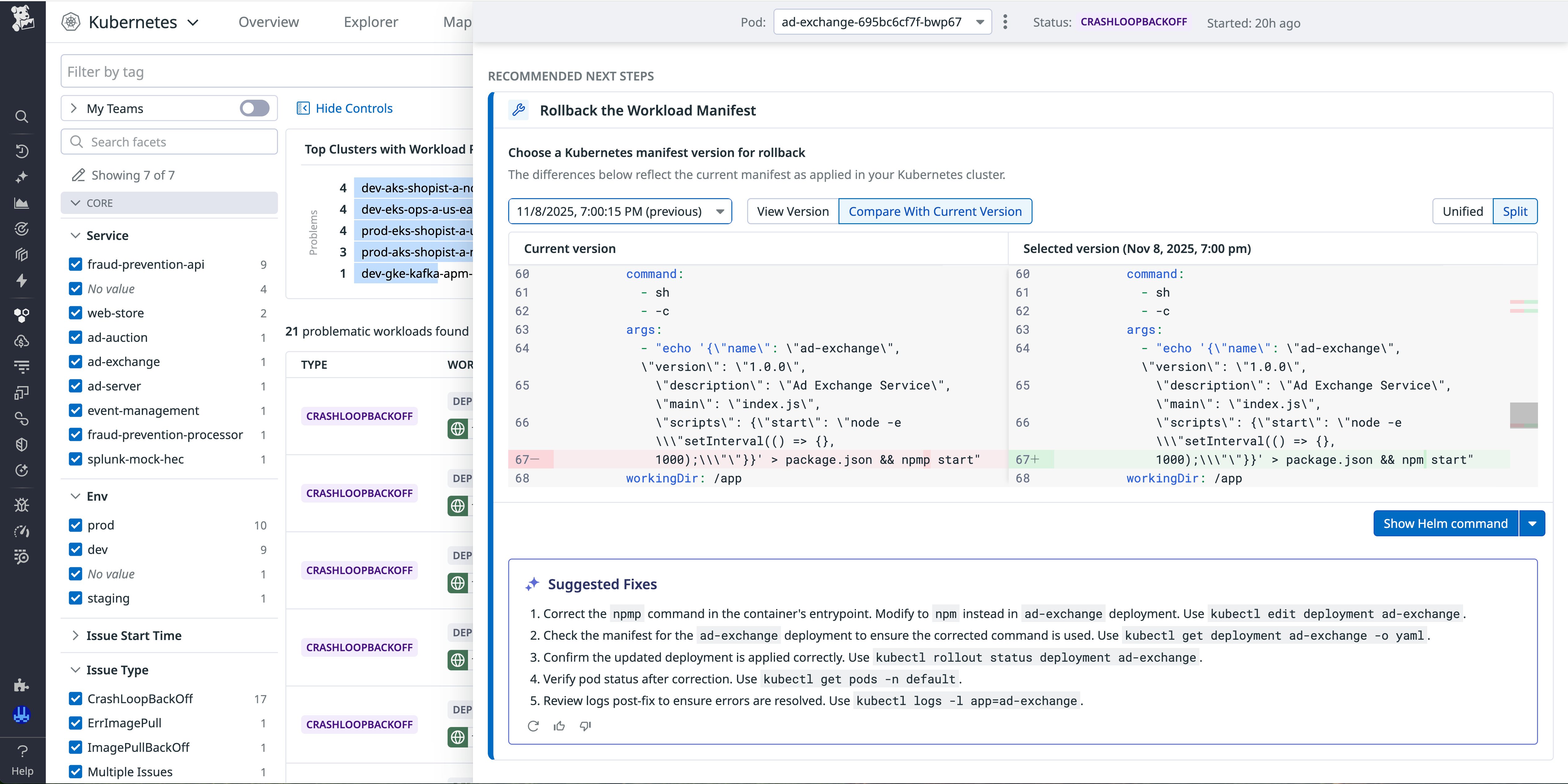 Screenshot of recommended next steps and suggested fixes from Bits AI.