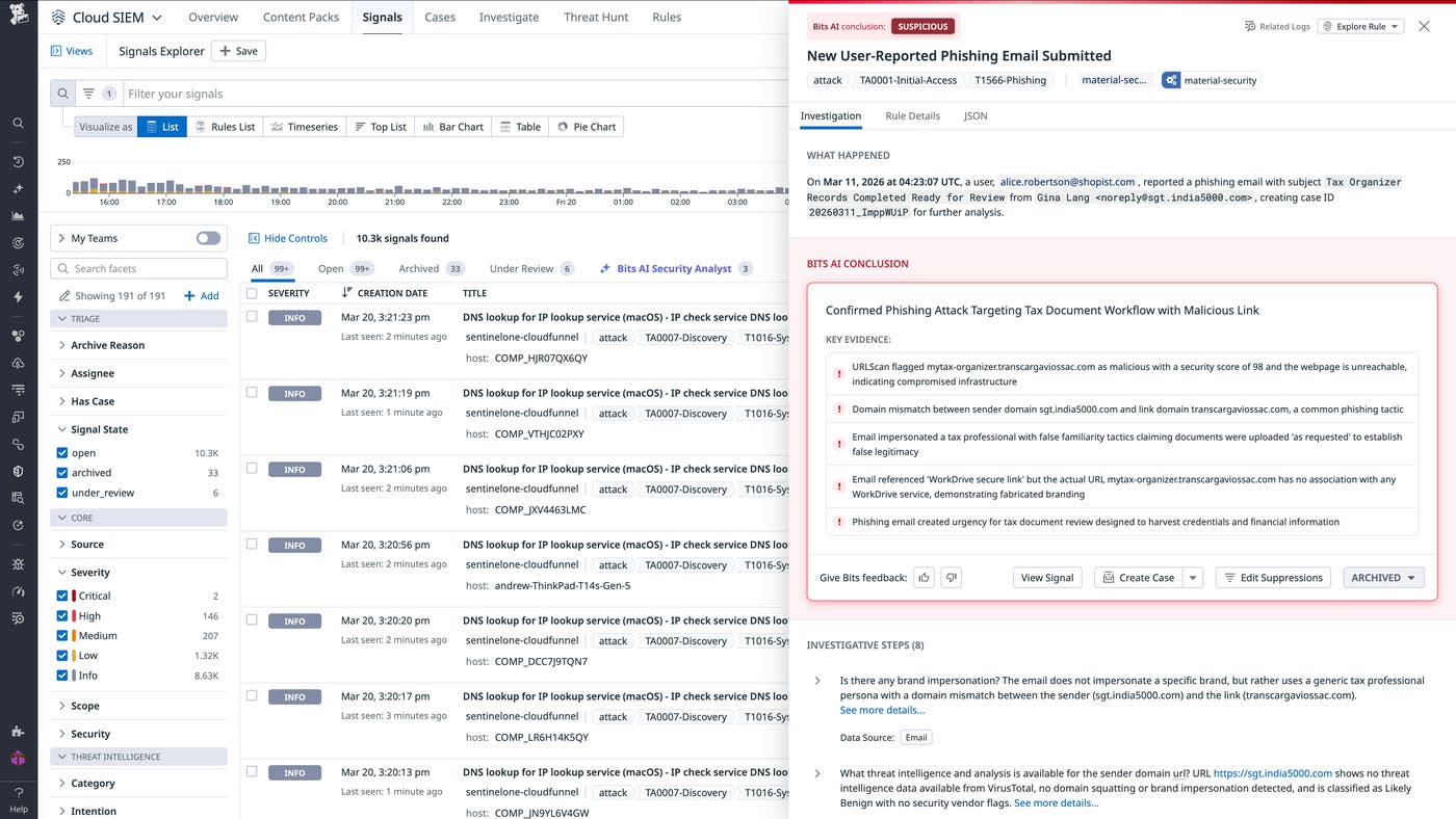 Datadog Bits AI security analyst for user reported phishing. Datadog Bits AI security analyst for user reported phishing.