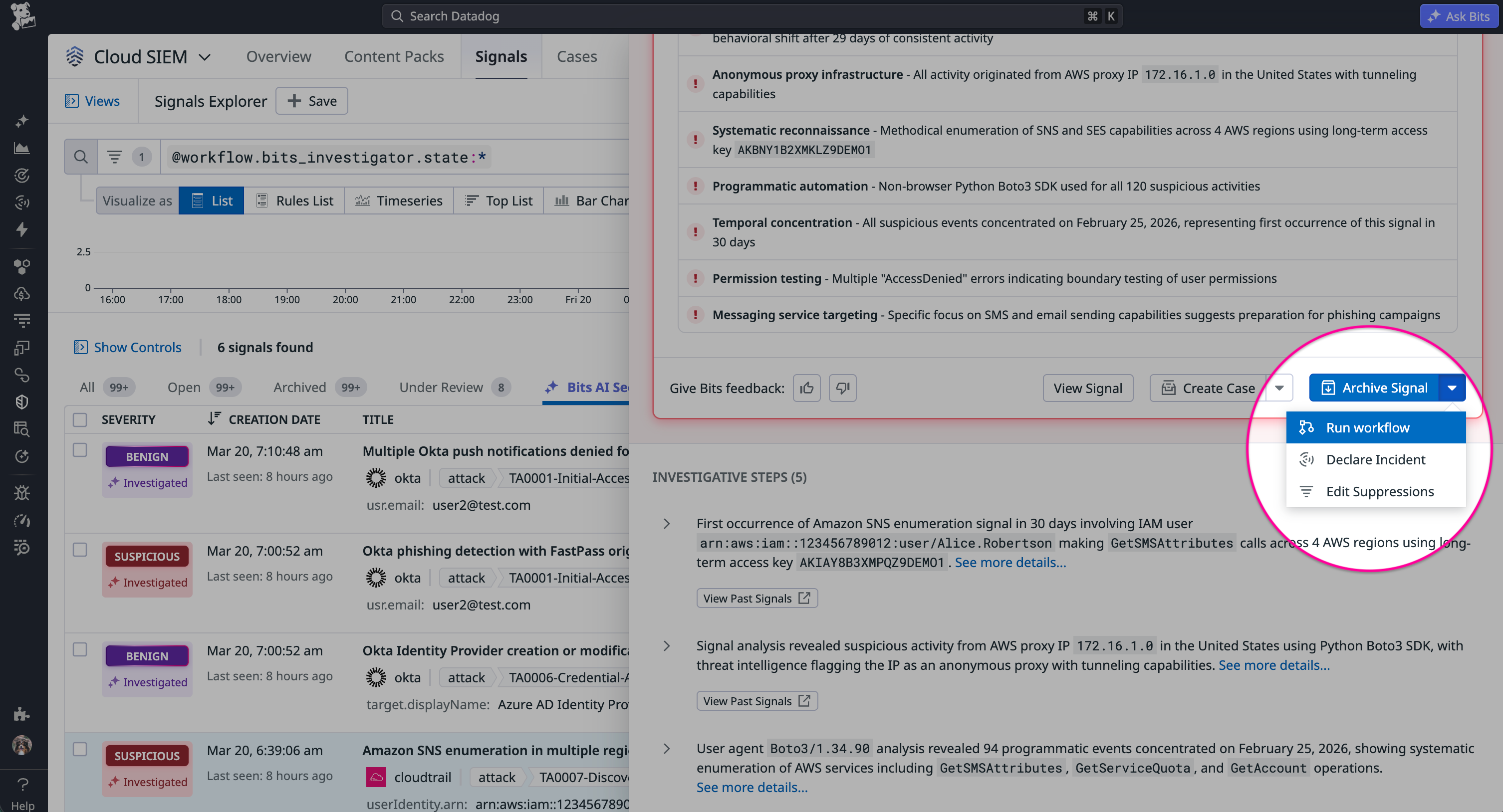 Cloud SIEM showing actions you can take on a signal.