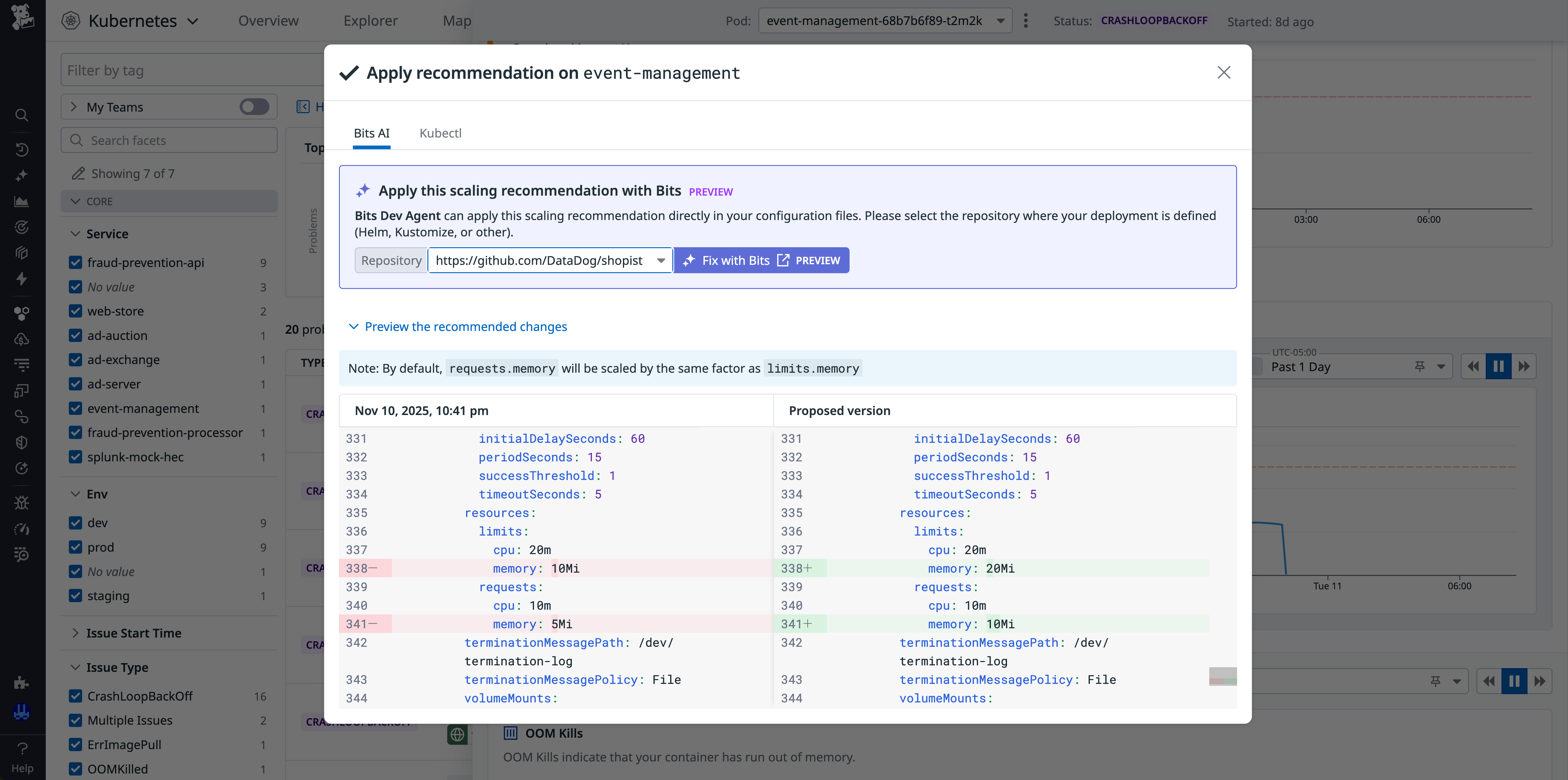 Screenshot of the preview of recommended changes, accompanied by functionality to choose your repository and apply the changes with Bits AI.