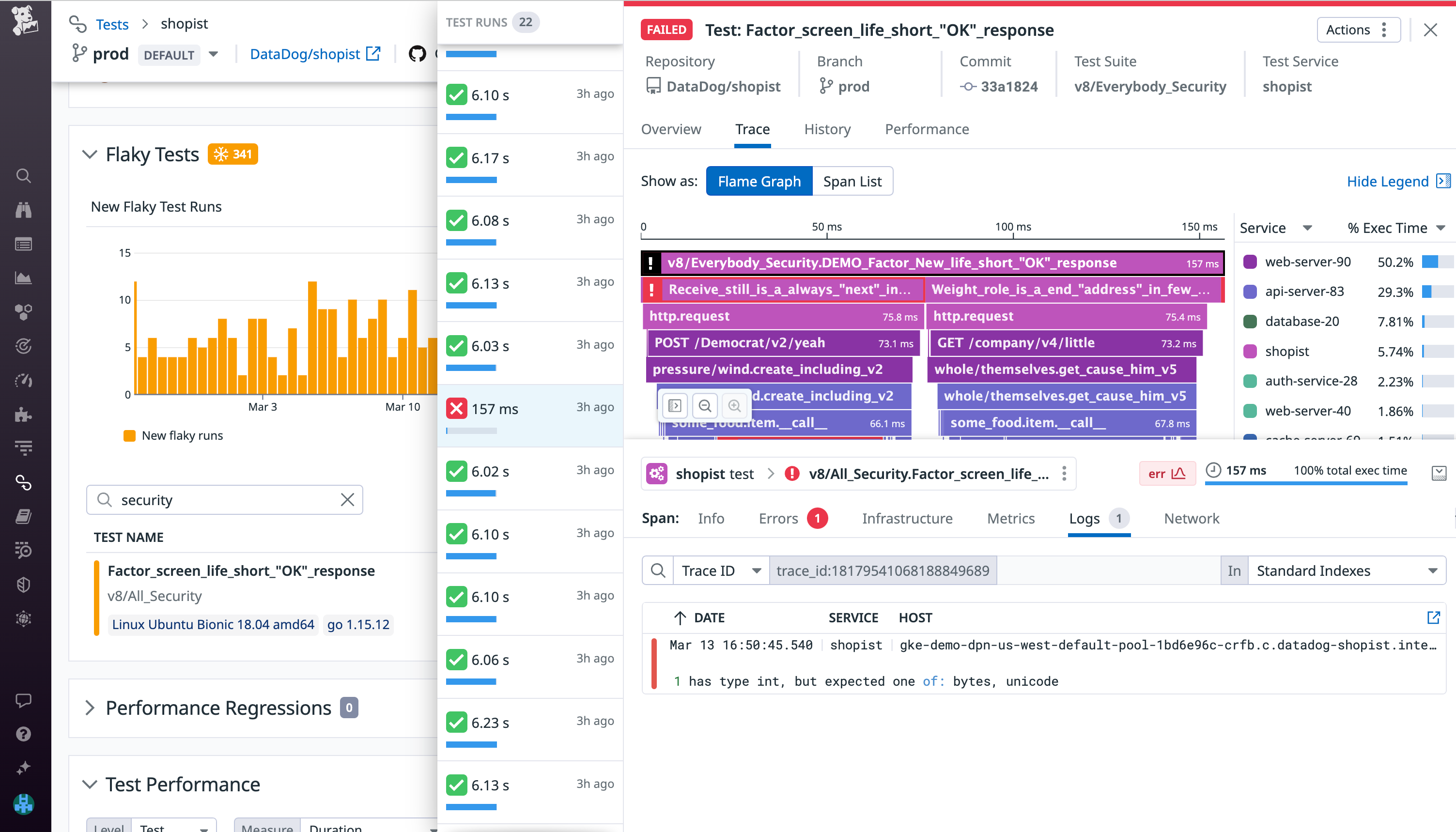 Troubleshoot failing tests using the flame graph and error logs.