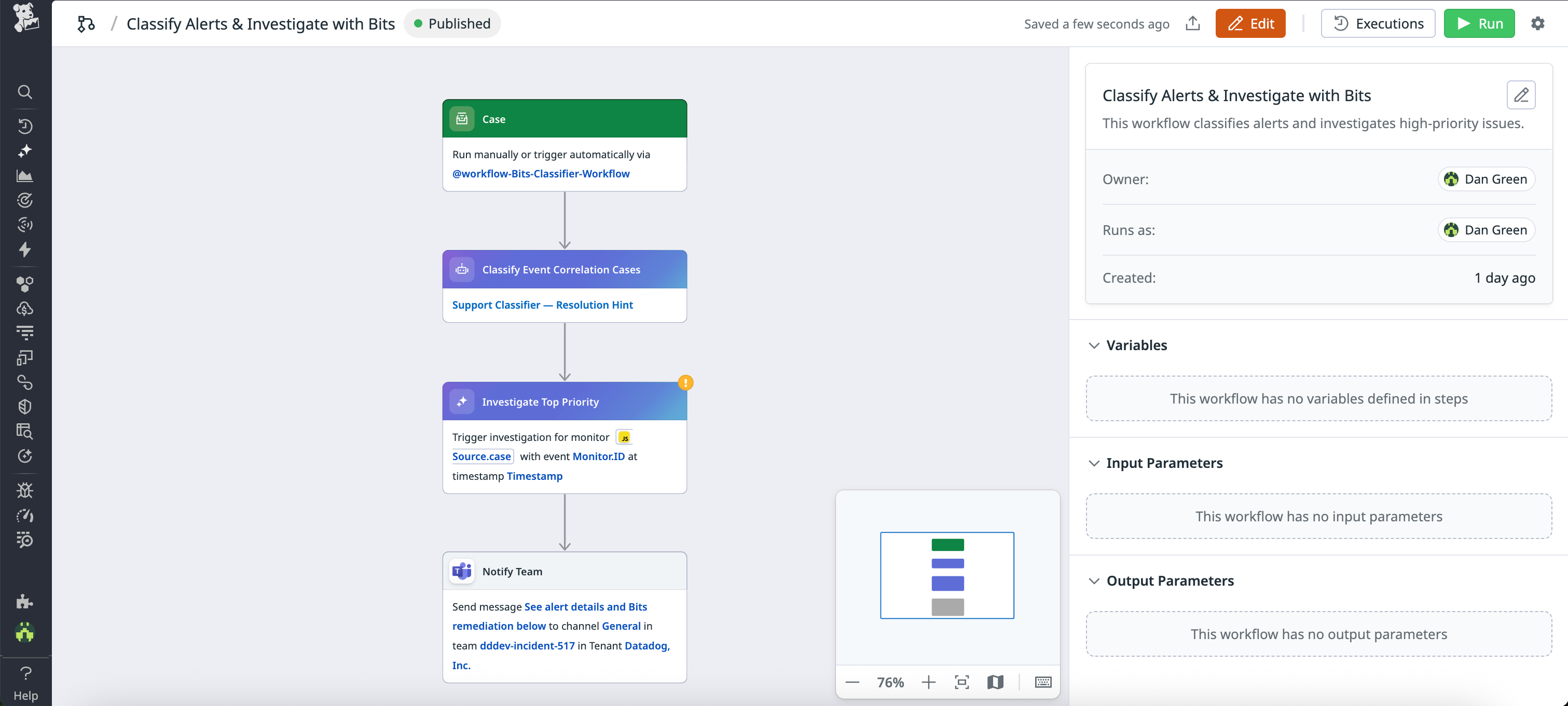 Screenshot of a workflow that includes steps to classify events, conduct investigations, and notify team members.
