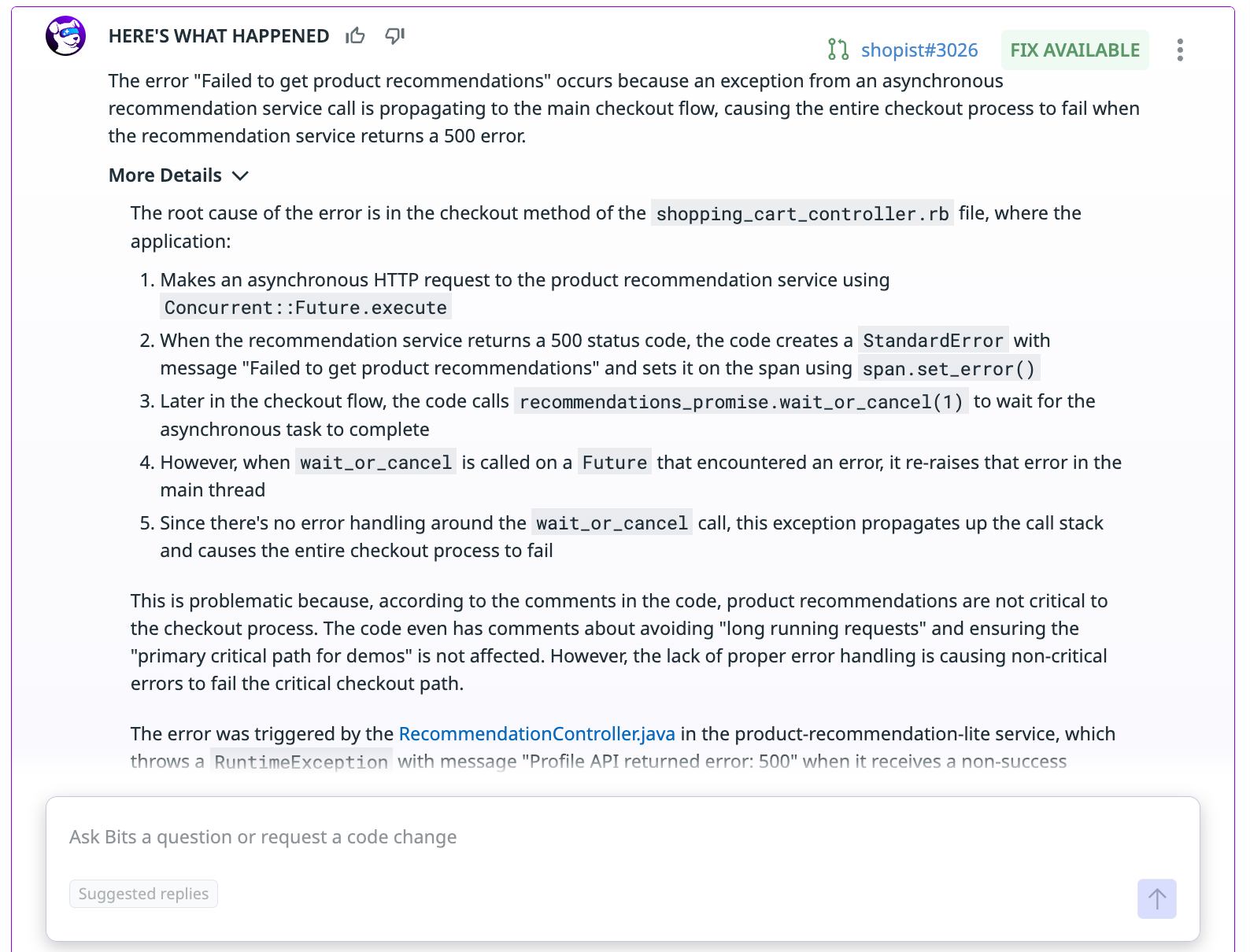 Scoped context of an issue and potential fix from Bits AI Dev.