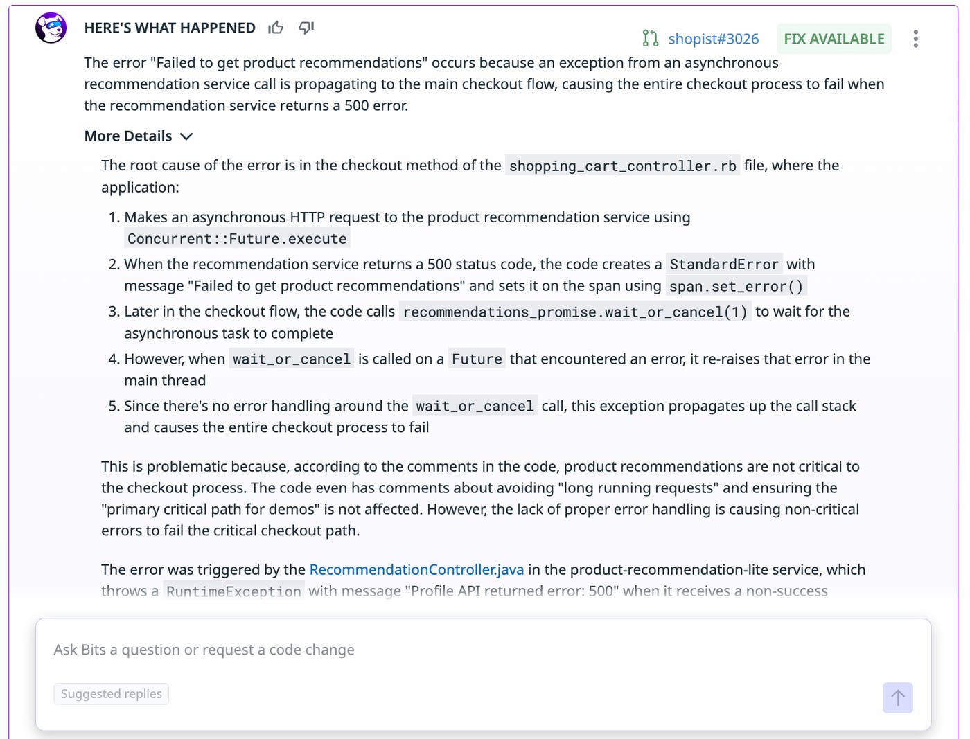 Scoped context of an issue and potential fix from Bits AI Dev. Scoped context of an issue and potential fix from Bits AI Dev.