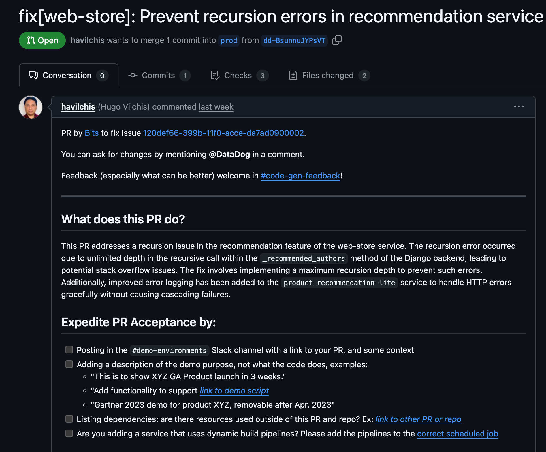 A PR shown in GitHub, created by Bits AI Dev.