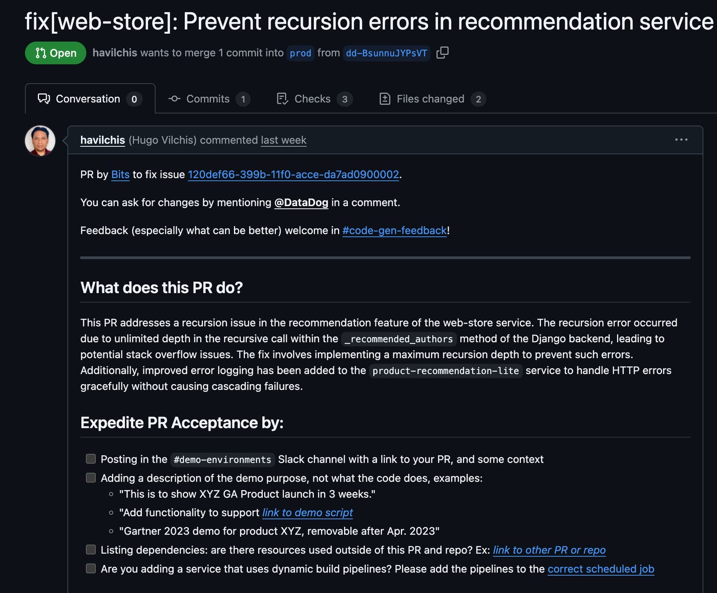 A PR shown in GitHub, created by Bits AI Dev. A PR shown in GitHub, created by Bits AI Dev.