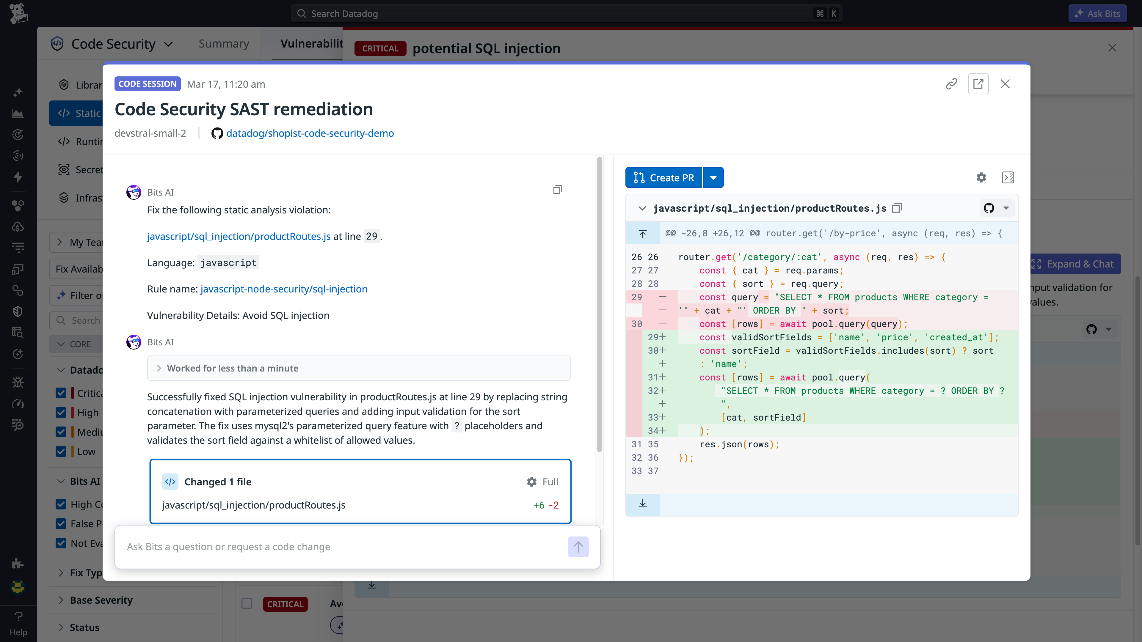 Bits AI SAST remediation session showing an SQL injection fix with a code diff in productRoutes.js.