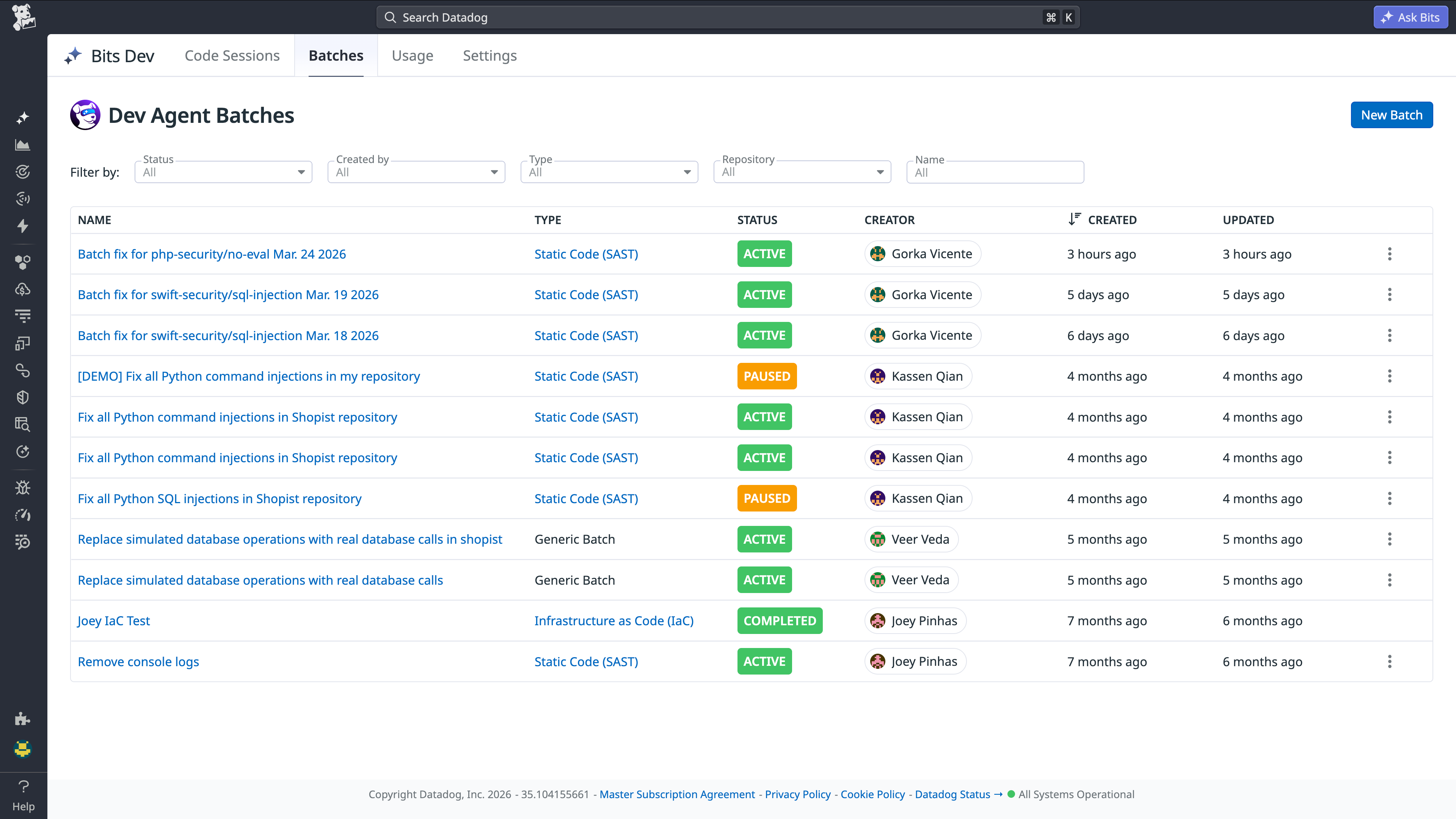 Dev Agent Batches list showing multiple active and paused SAST batch fixes with creator and status details.