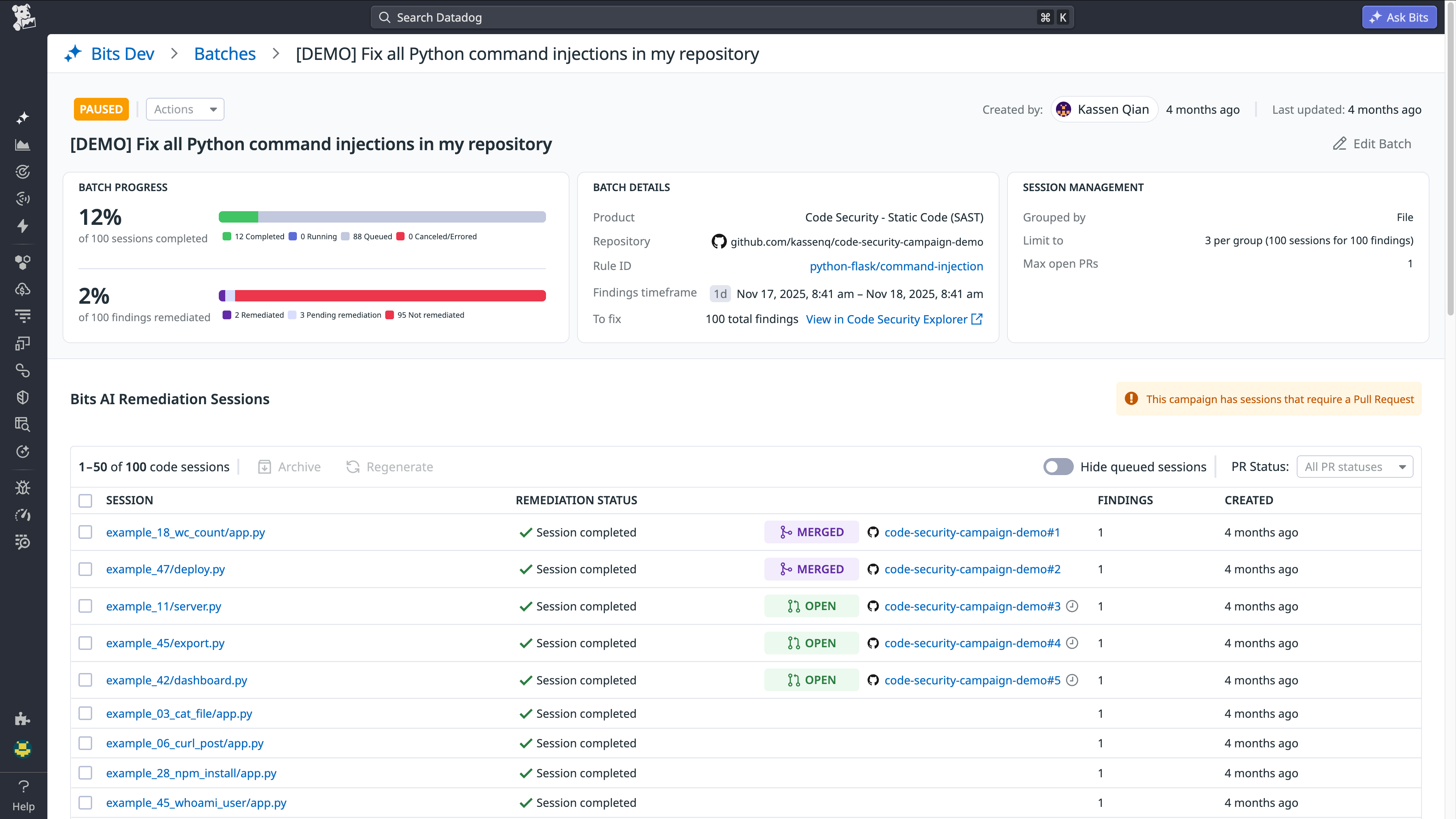 Batch detail view showing session progress, remediation status, and PR states for a Python command injection fix campaign.