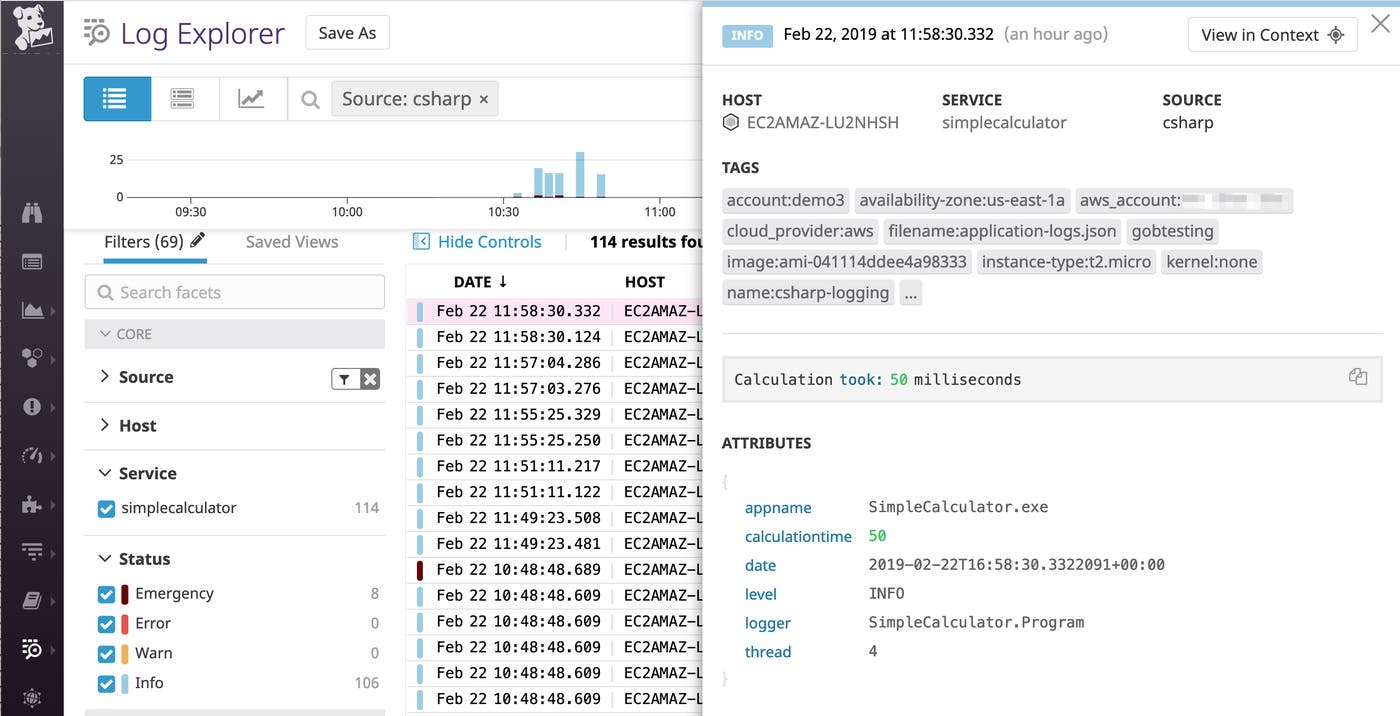 Capturing custom JSON attributes in your C# log with log4net and then sending to datadog for monitoring. Capturing custom JSON attributes in your C# log with log4net and then sending to datadog for monitoring.