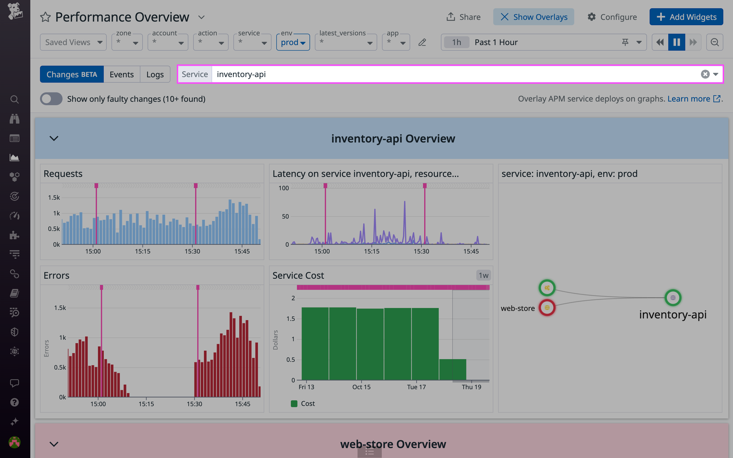 Use the service selector to inspect deployments to specific services.