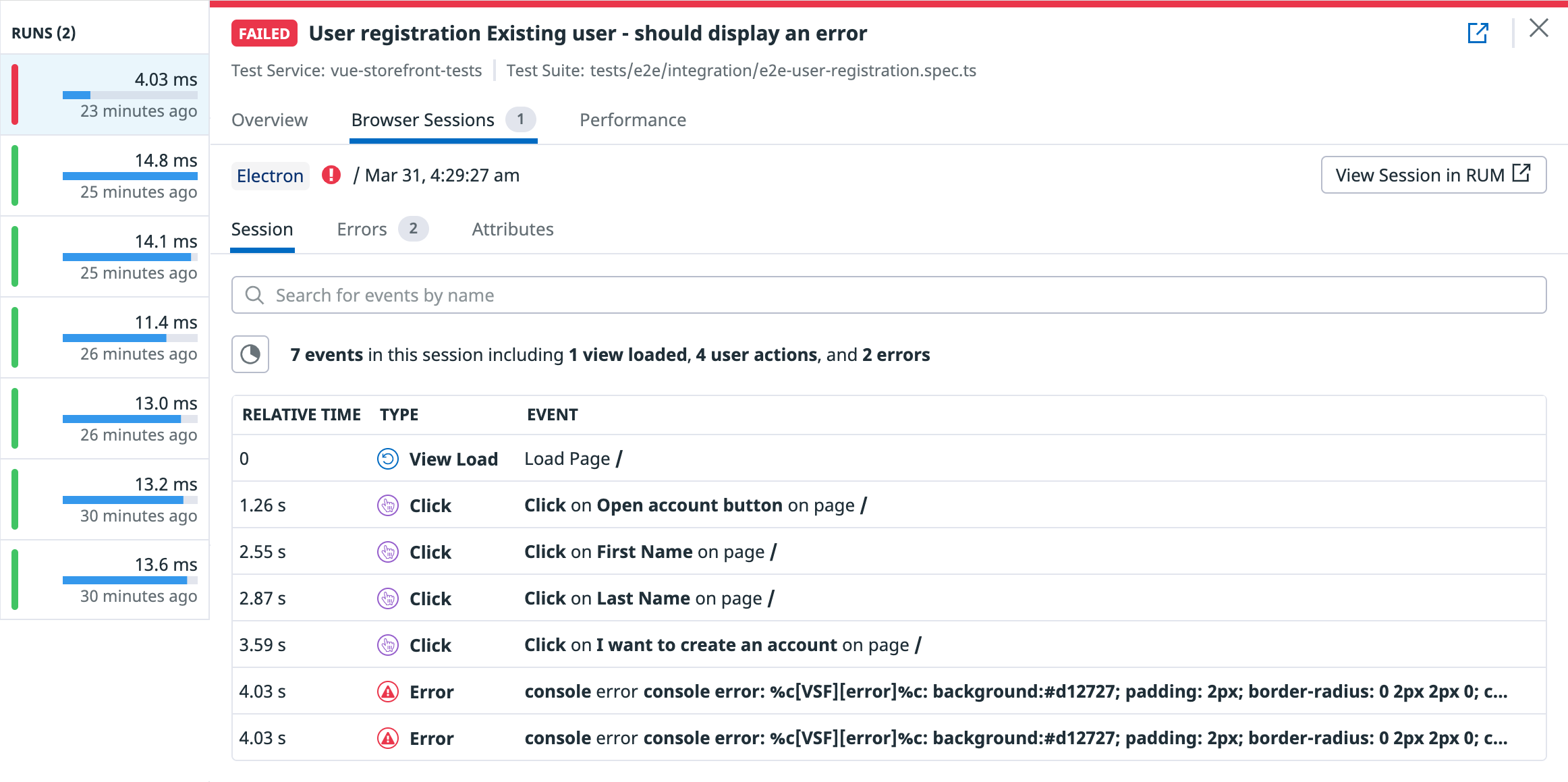 The CI Visibility Browser Sessions tab shows the events—page load, clicks, and errors—that make up a test.