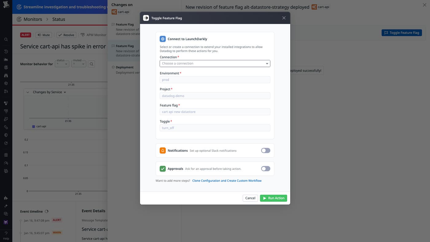 A configuration screen provides the option to connect to LaunchDarkly and toggle off the feature flag. The screen also presents options to toggle on Slack notifications and action approvals. A configuration screen provides the option to connect to LaunchDarkly and toggle off the feature flag. The screen also presents options to toggle on Slack notifications and action approvals.