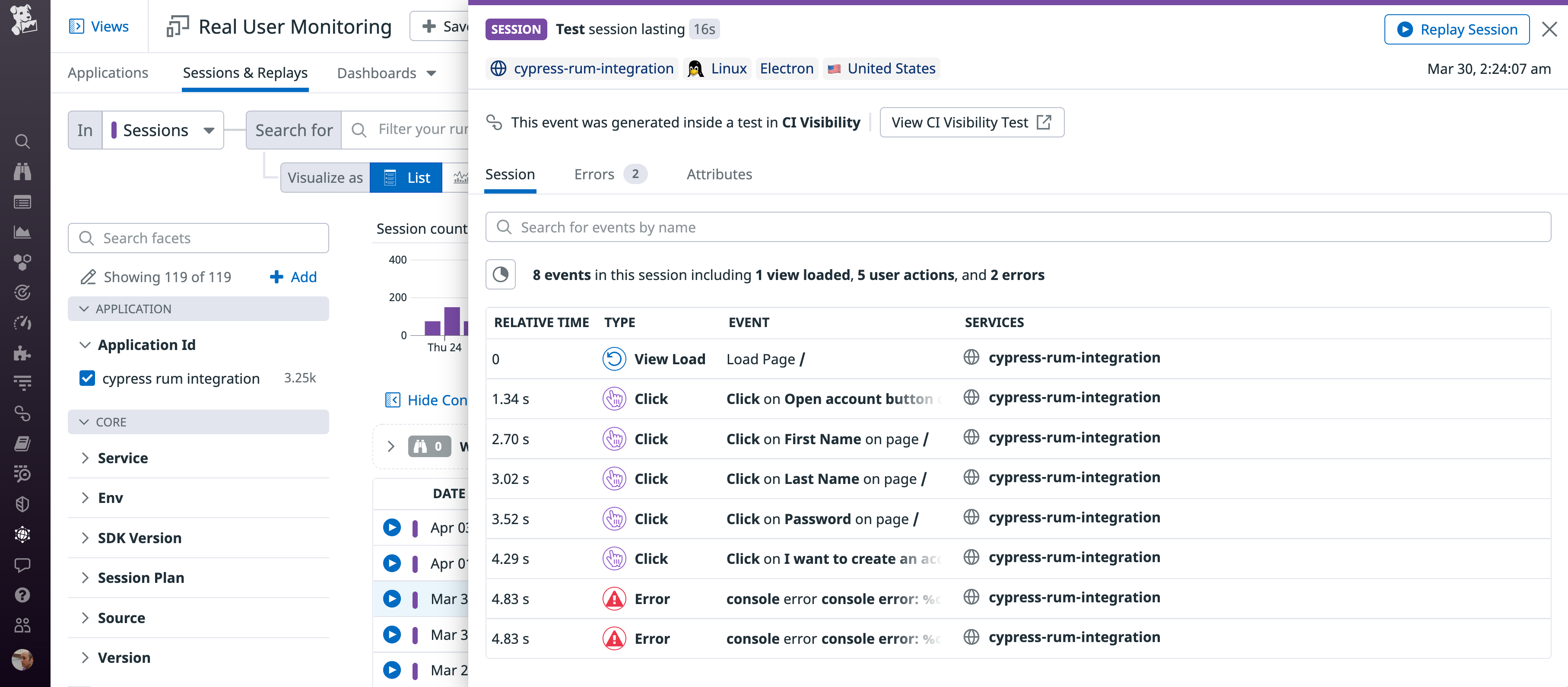 The RUM session view shows the events of a test and includes a button to view the test inside CI Visibility.